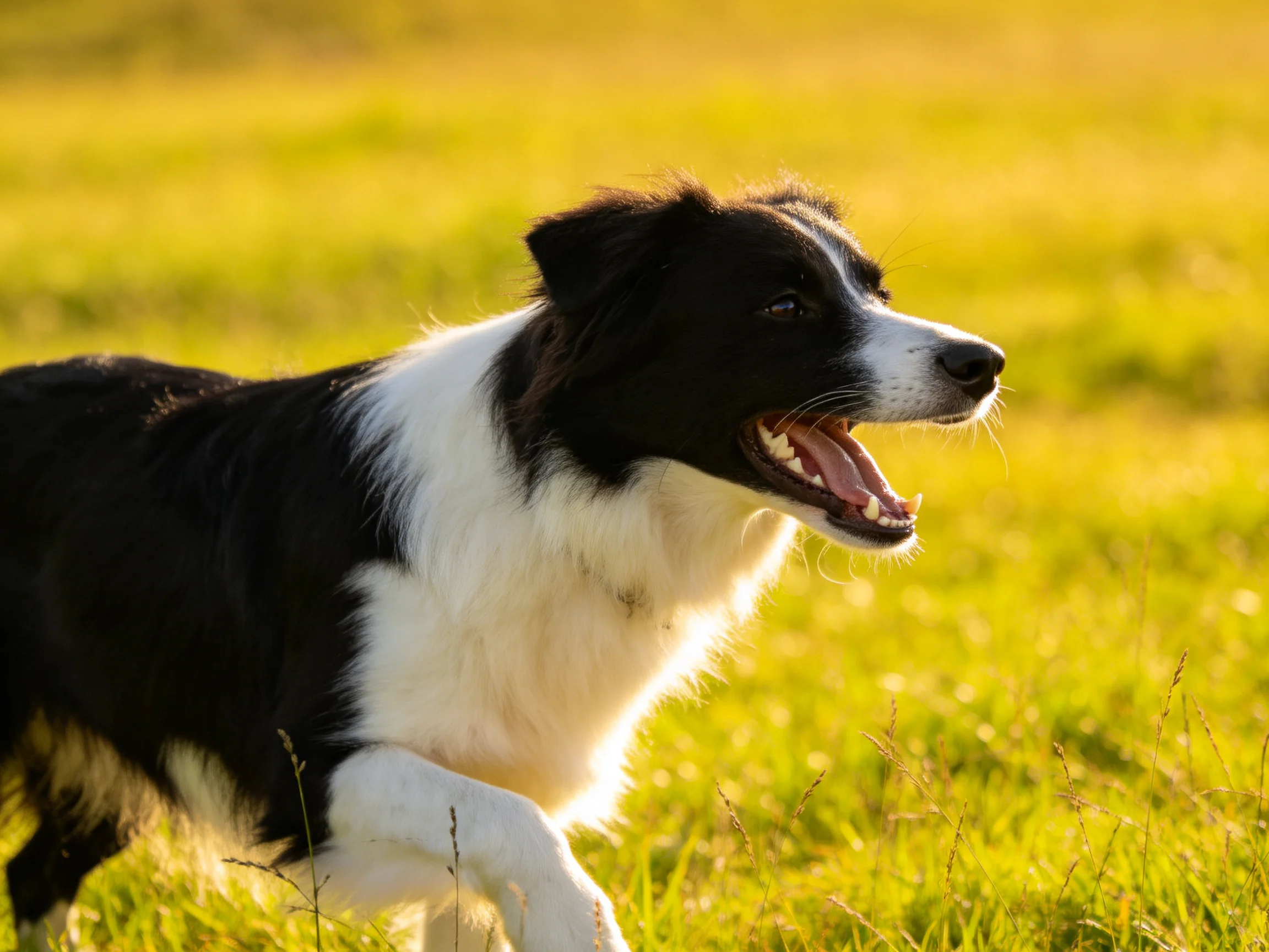 A black and white Border Collie runs energetically through sunlit grass.
