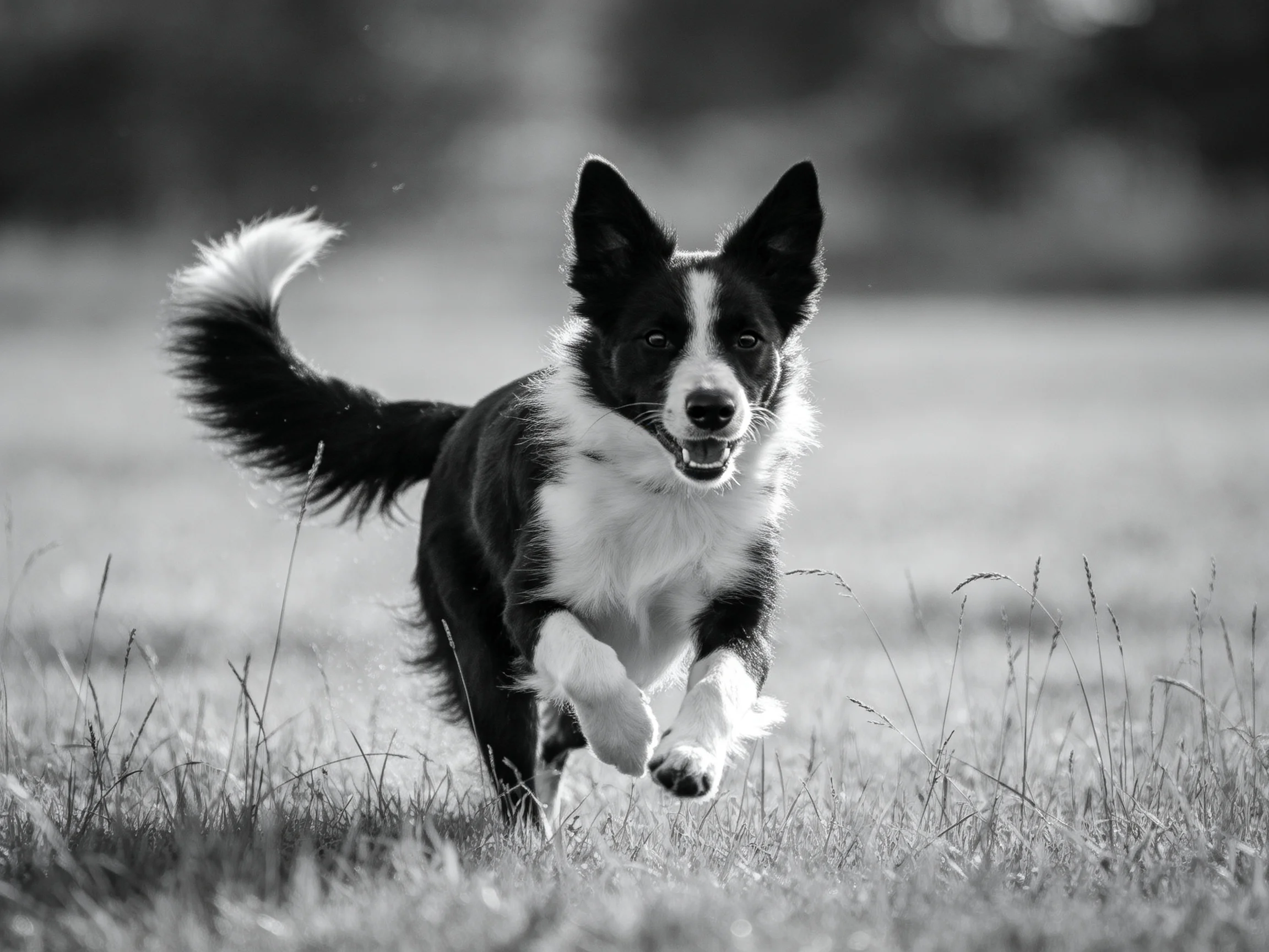 A black and white Border Collie runs energetically through grassy fields.