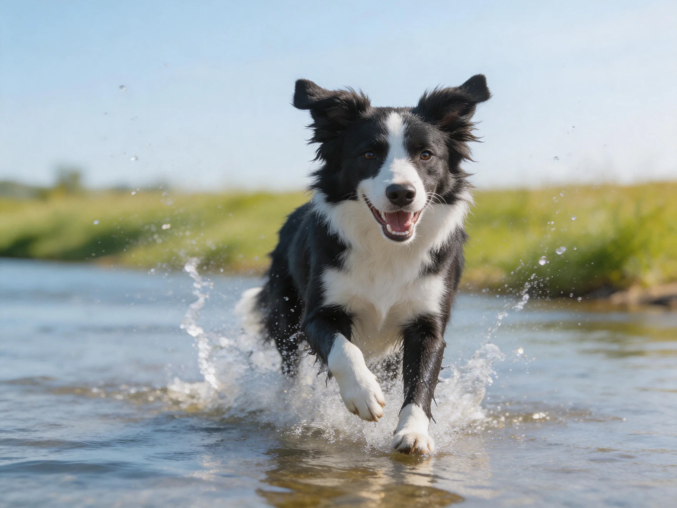 A black and white Border Collie runs joyfully through shallow water.