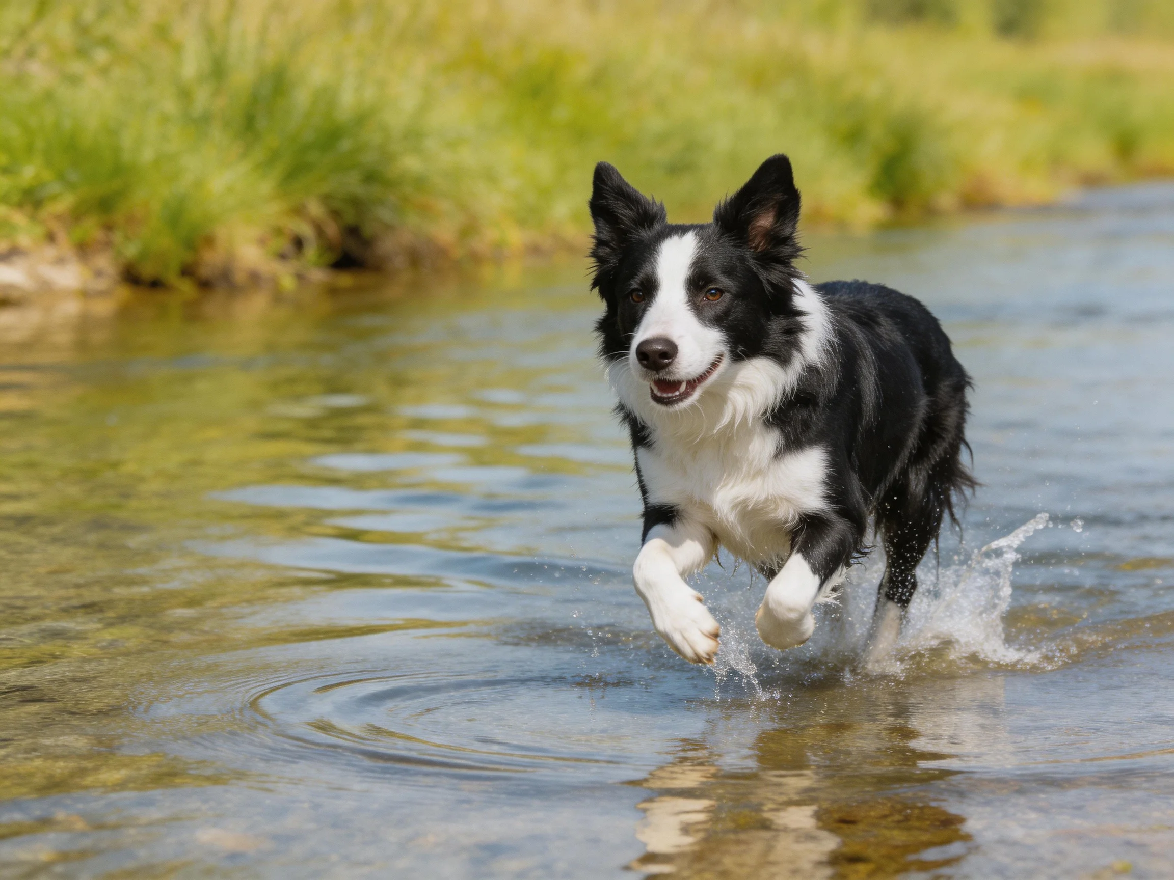 A black and white Border Collie runs through shallow water near lush greenery