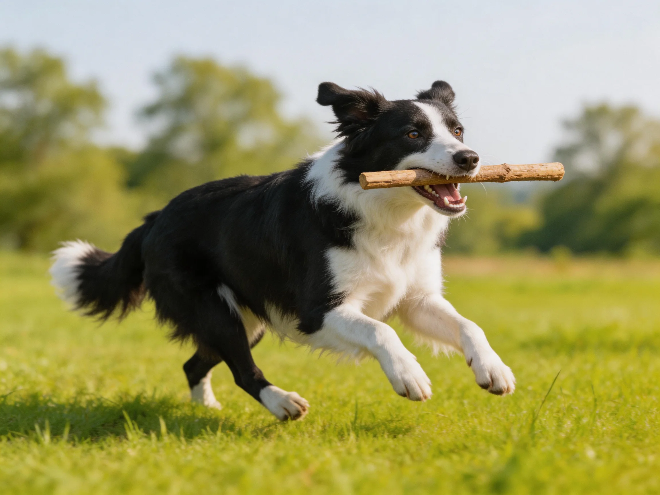 A black-and-white Border Collie runs with a stick in a sunny meadow.