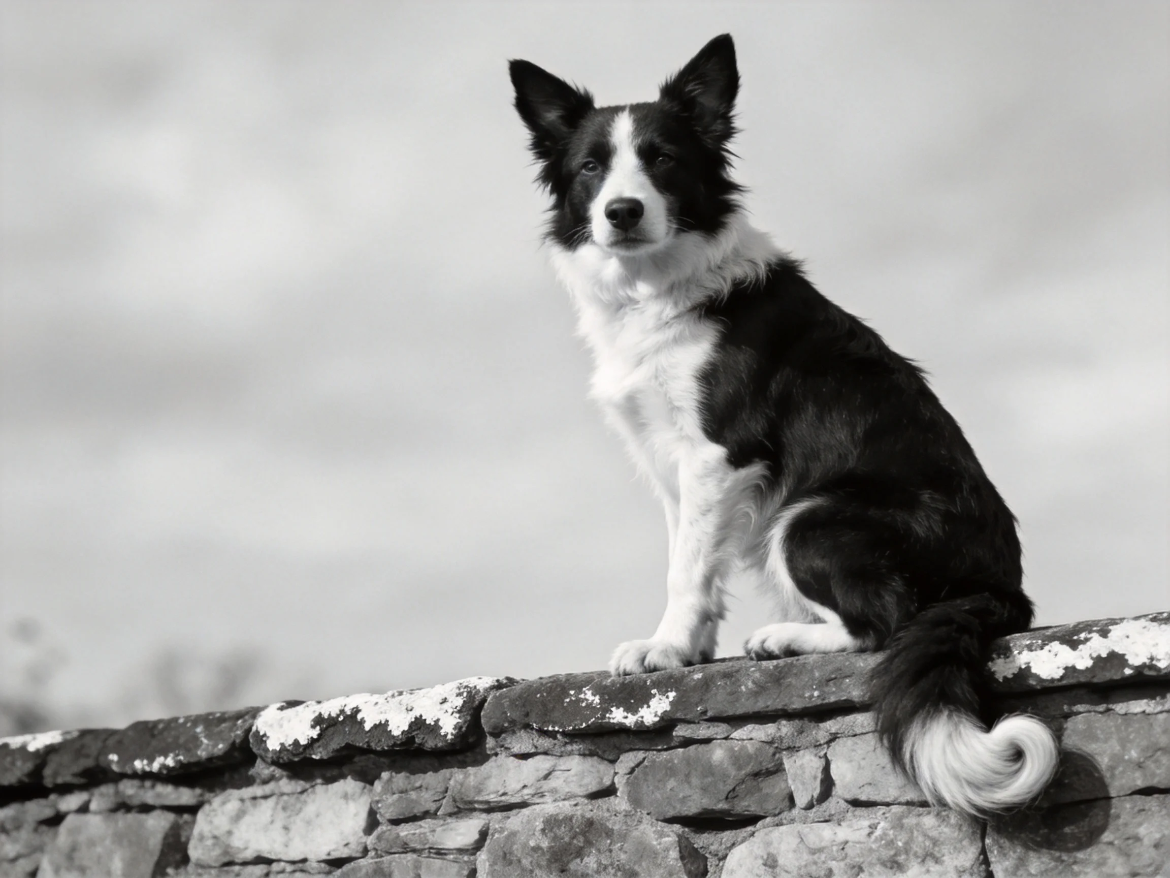 A black-and-white Border Collie sits calmly on a weathered stone wall.