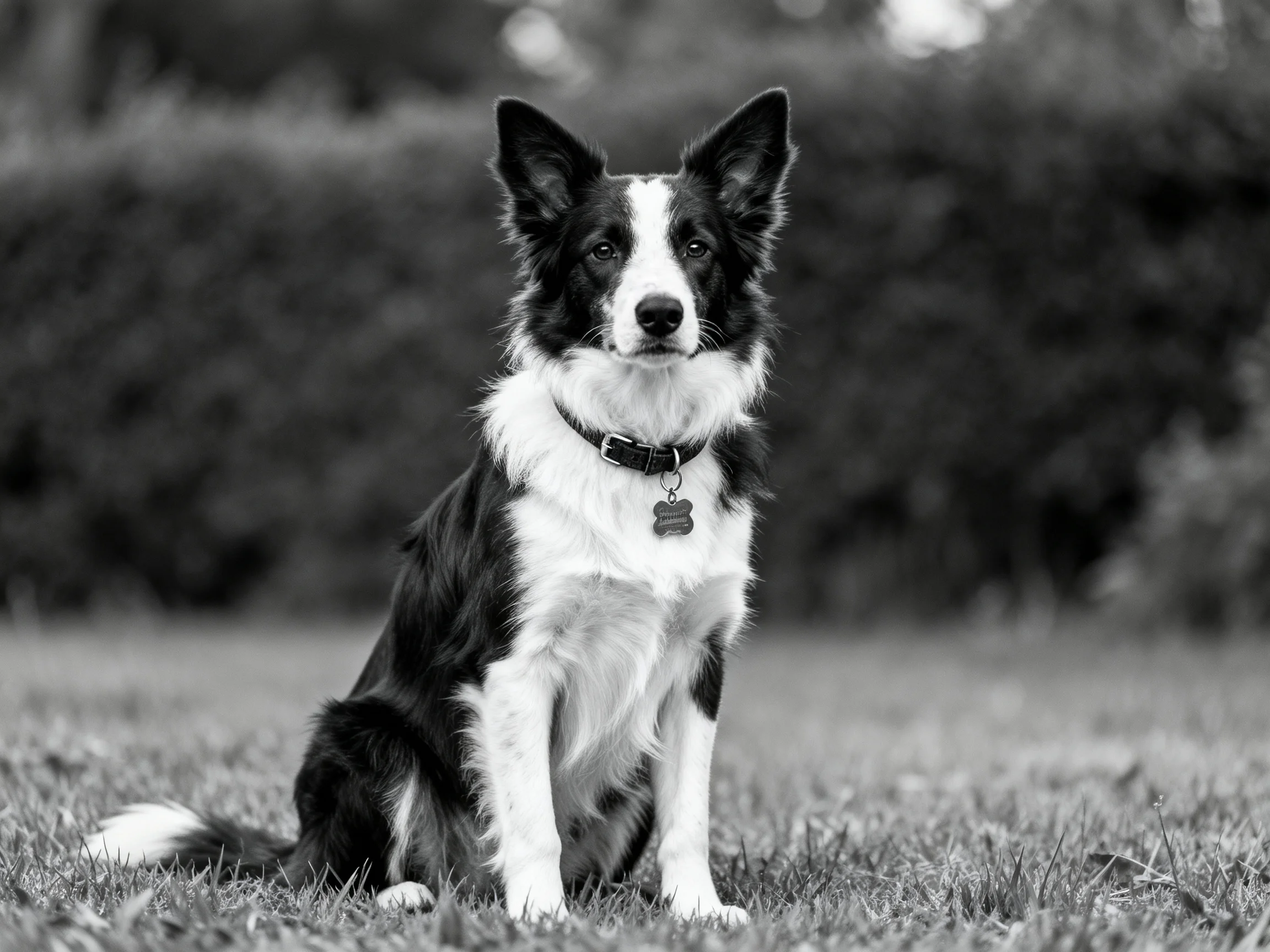 A black and white Border Collie sits attentively outdoors.