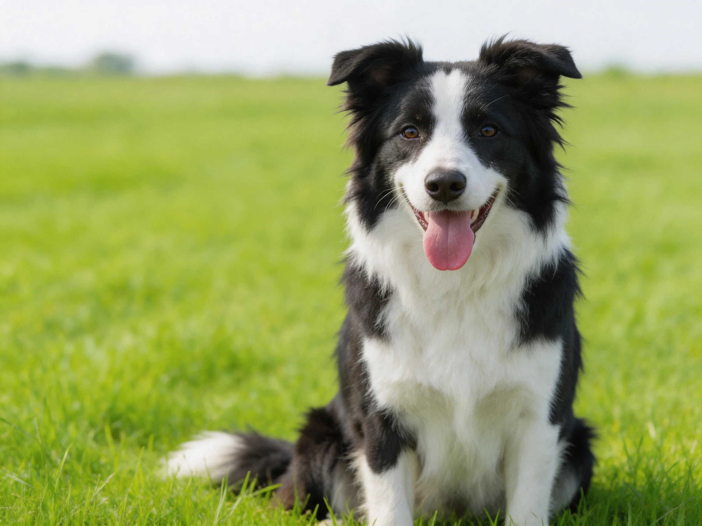 A black and white dog sits peacefully in a sunlit green field