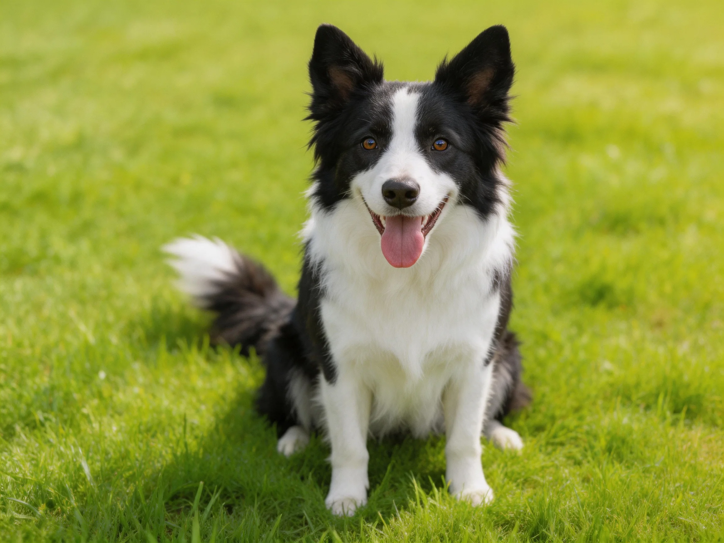 A black and white Border Collie sits happily on lush green grass.