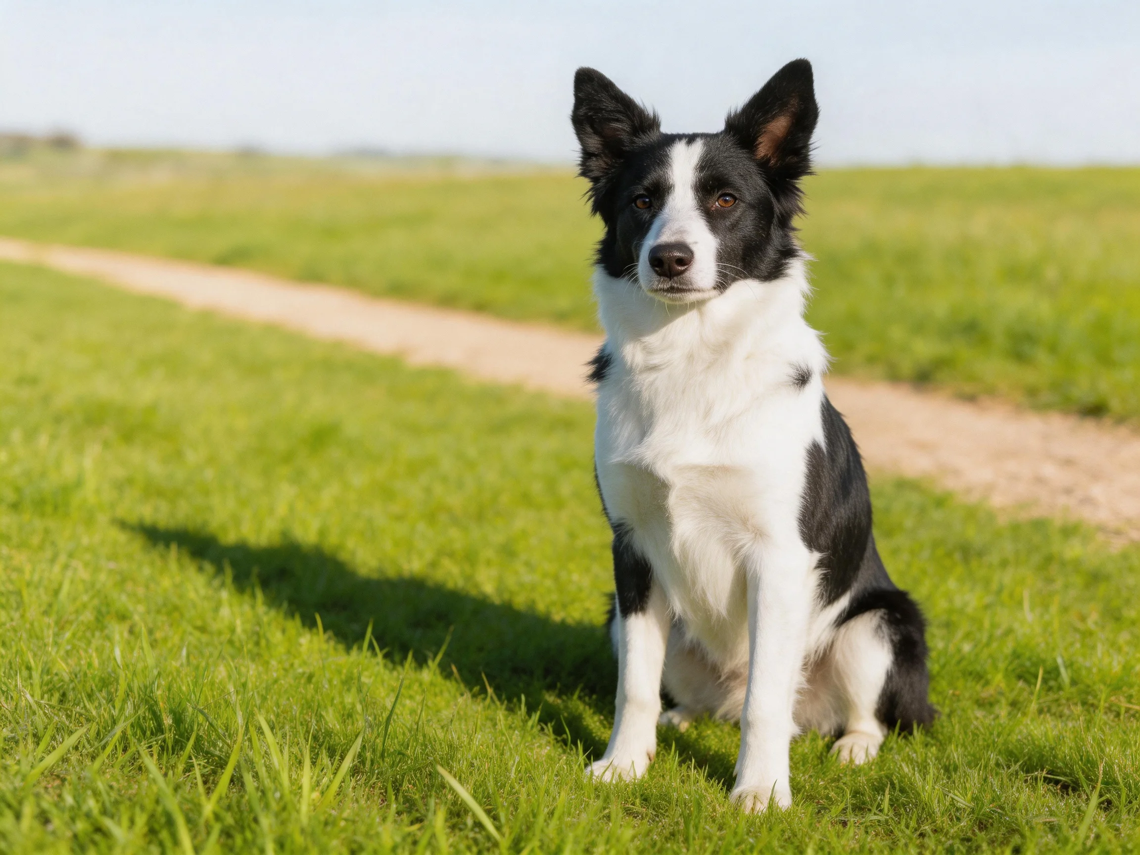 A black-and-white Border Collie sits calmly on green grass beside a dirt path.