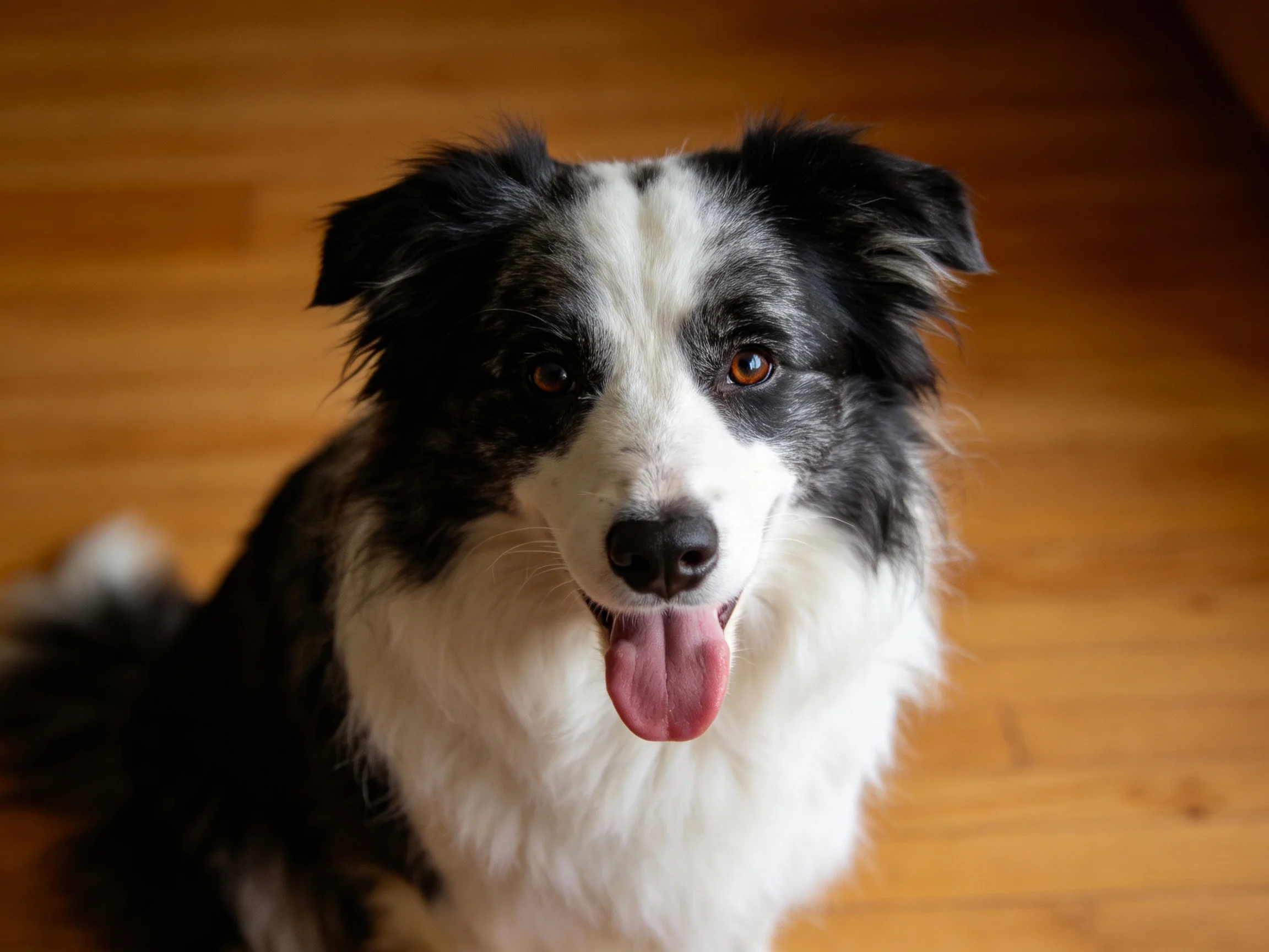 A black and white Border Collie sits contentedly on a wooden floor.