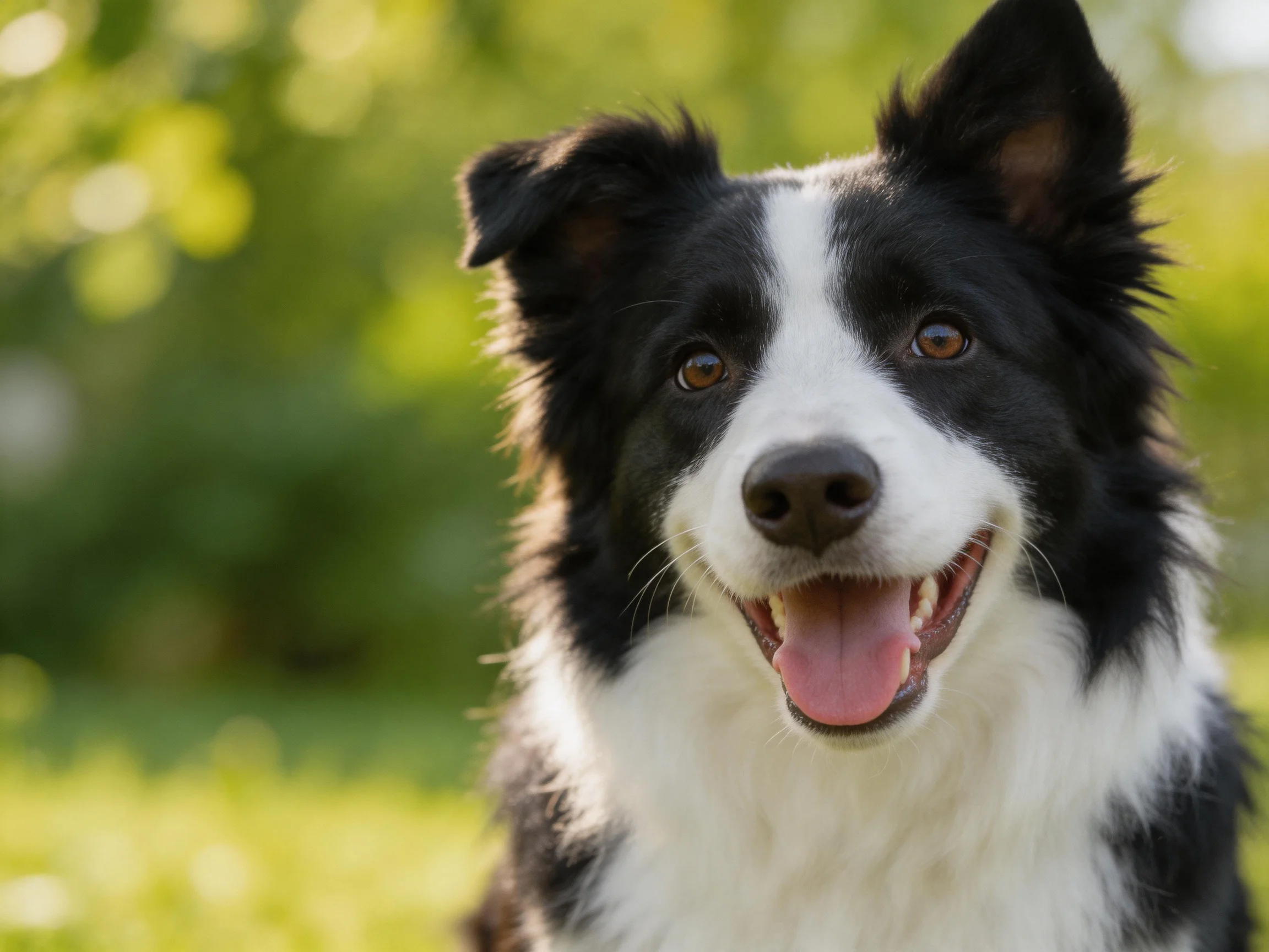 A black and white Border Collie smiles happilyfully in a outdoor light.