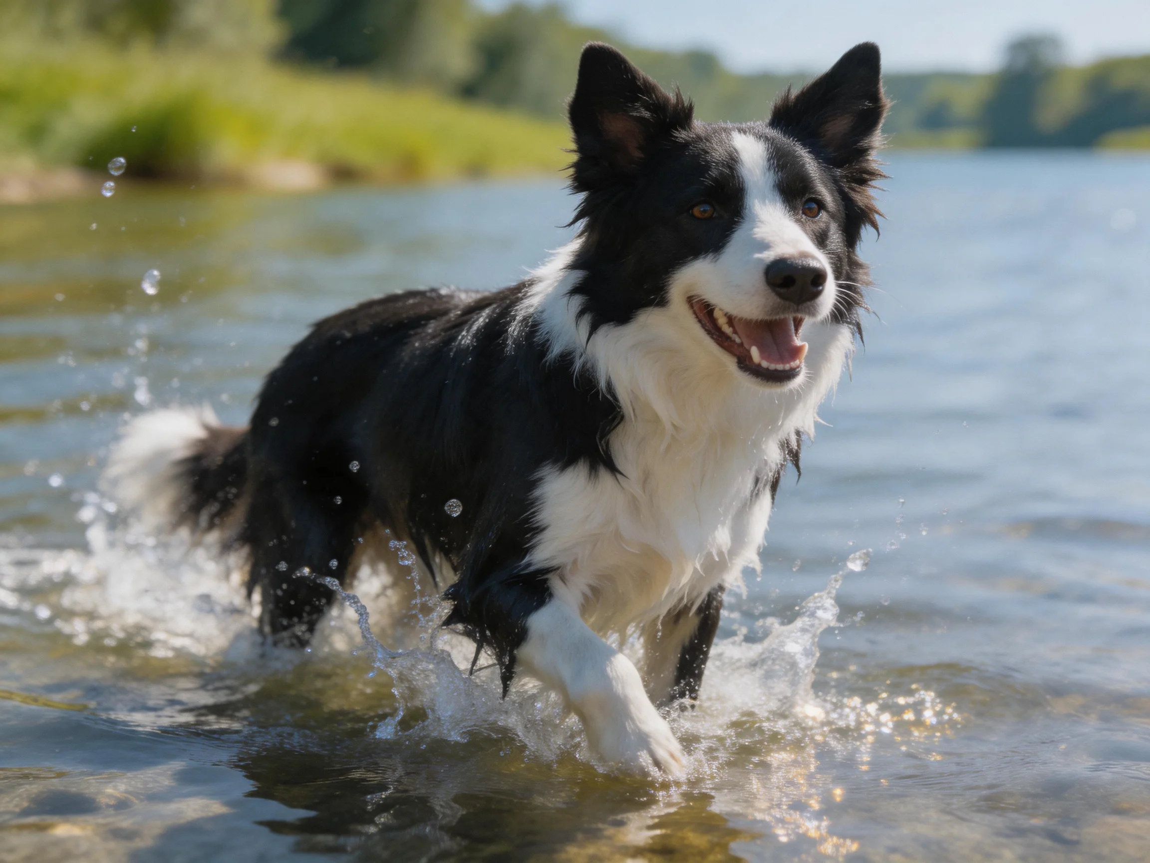A black and white Border Collie runs joyfully through shallow river water.