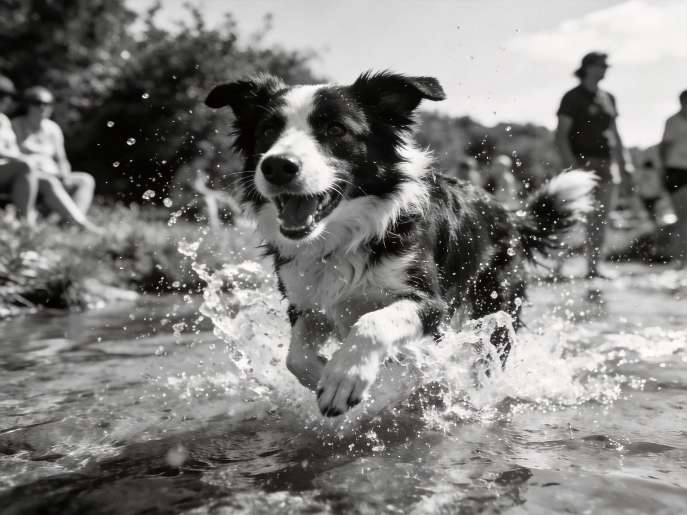 A black-and-white Border Collie runs through shallow water with spectators nearby.