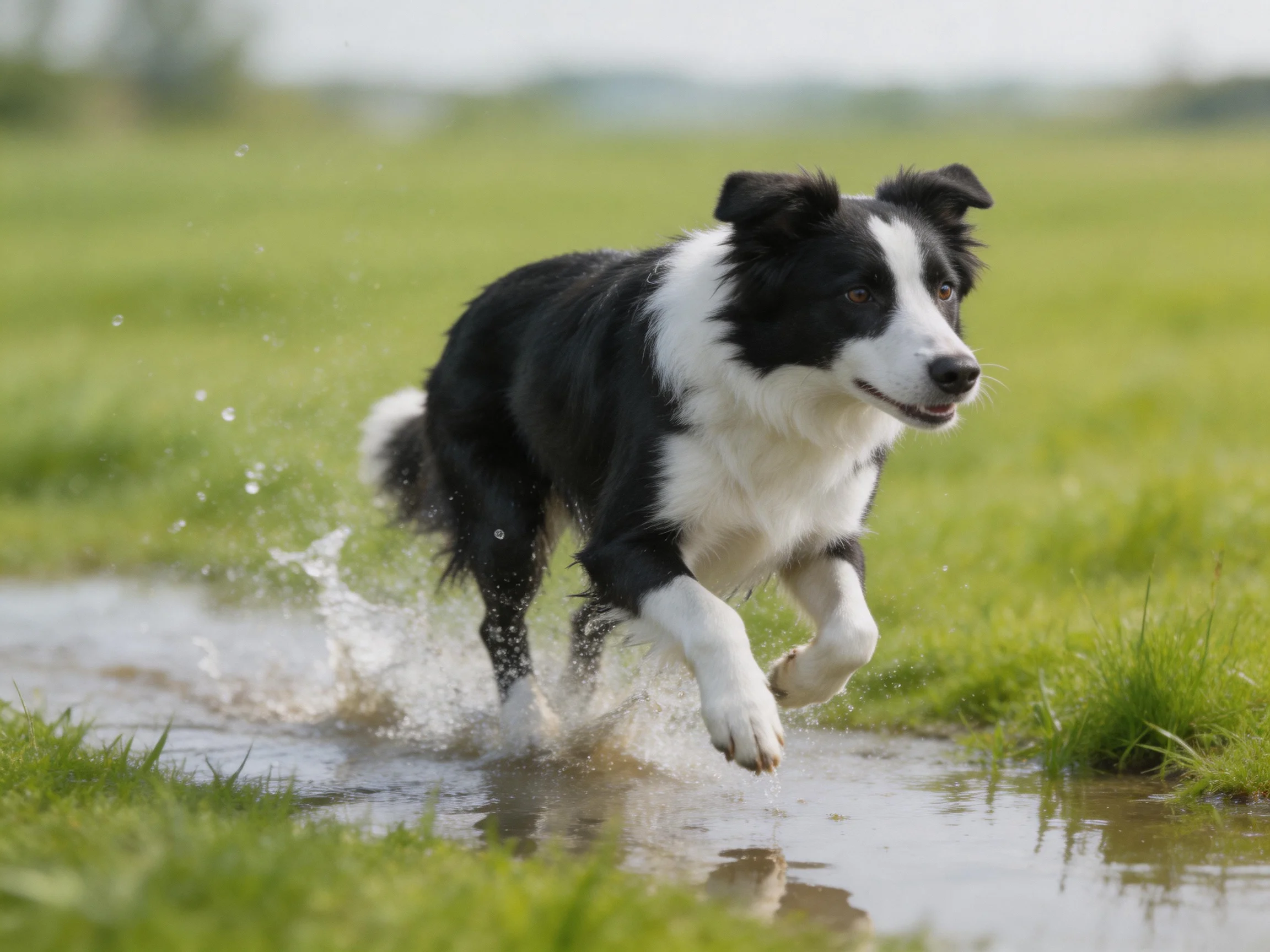 A black-and-white Border Collie runs energetically through shallow water in an open green field.