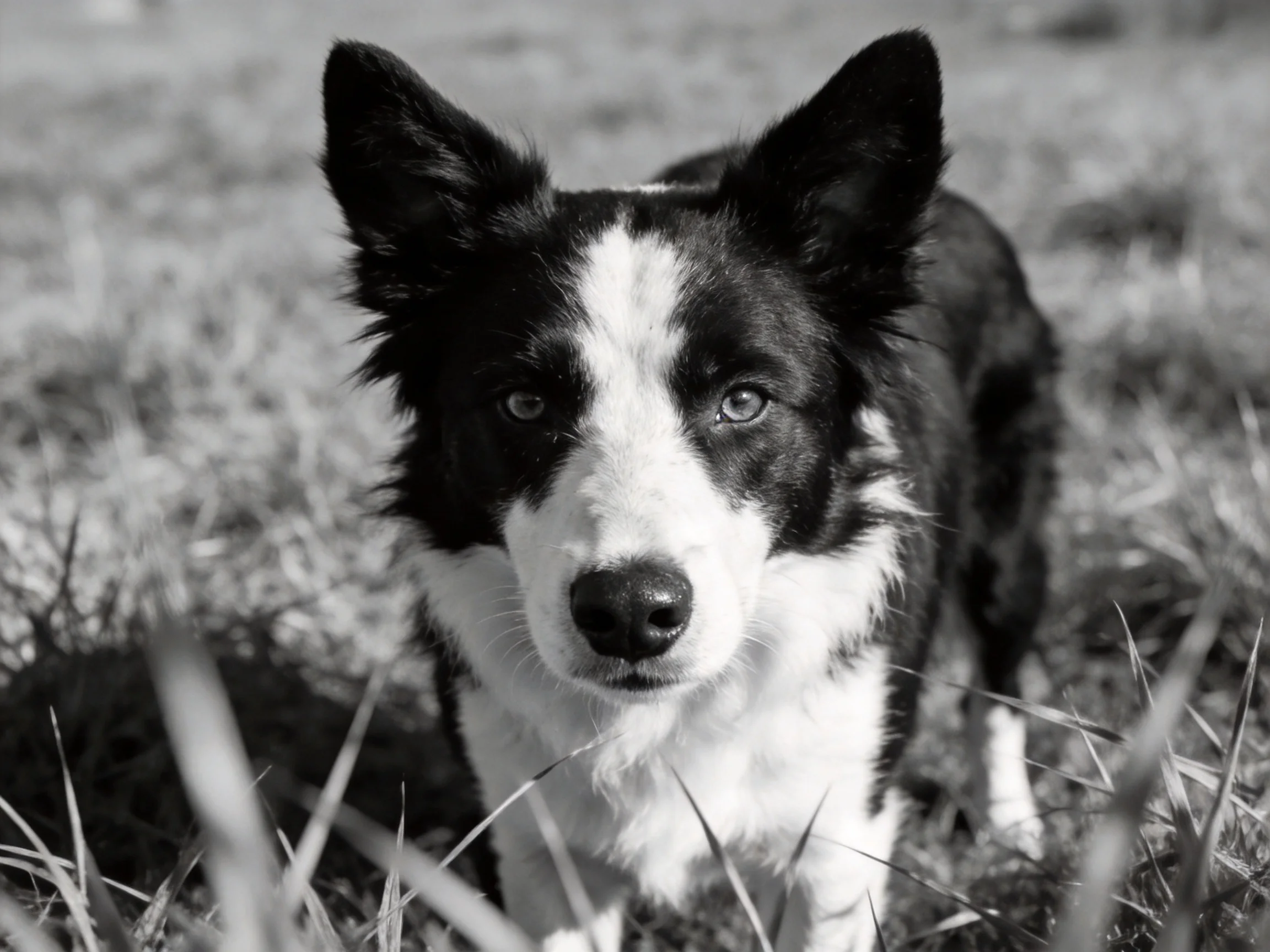 A black and white Border Collie stands in tall grass