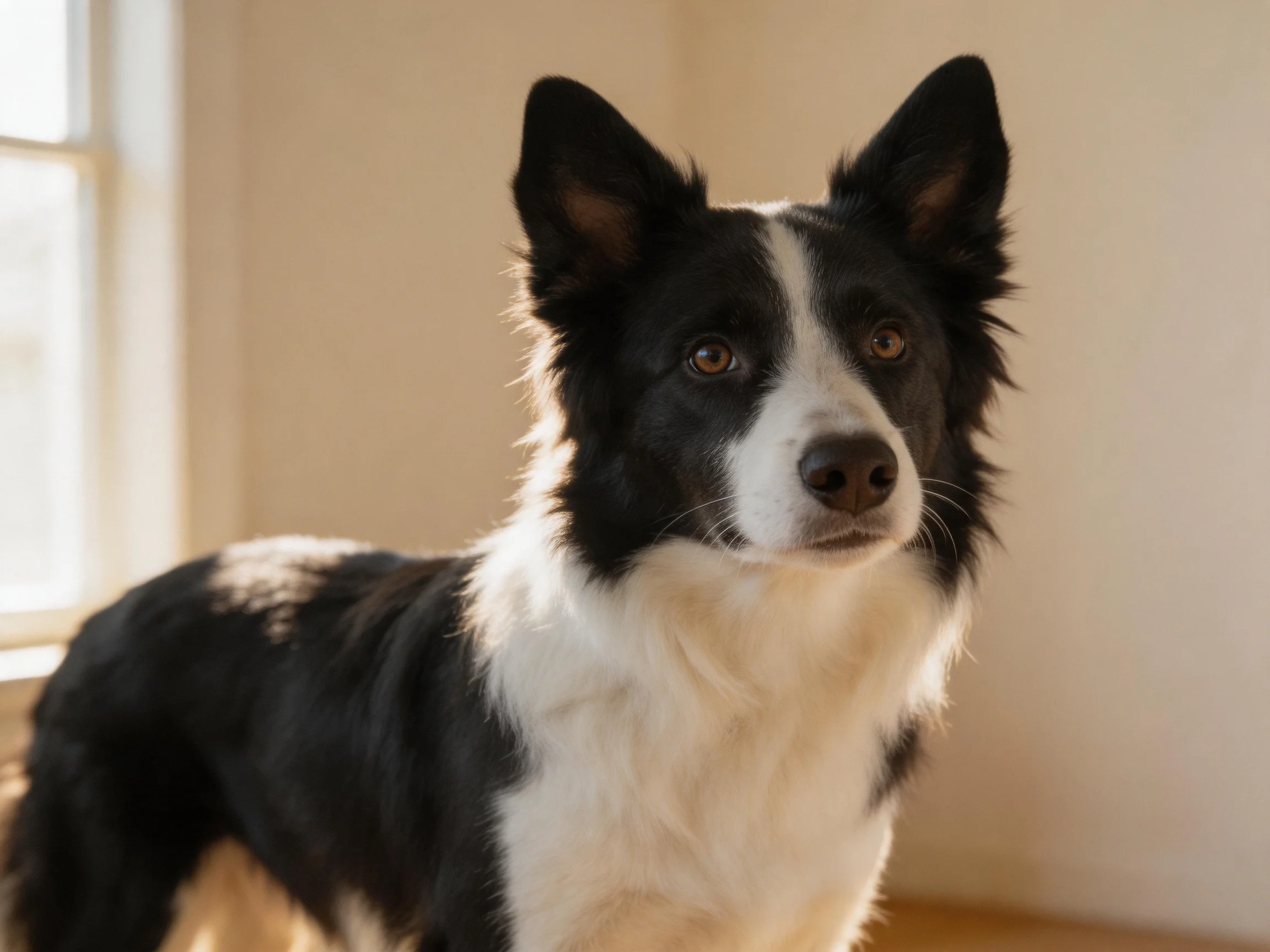 A black and white Border Collie stands near a sunlit window.