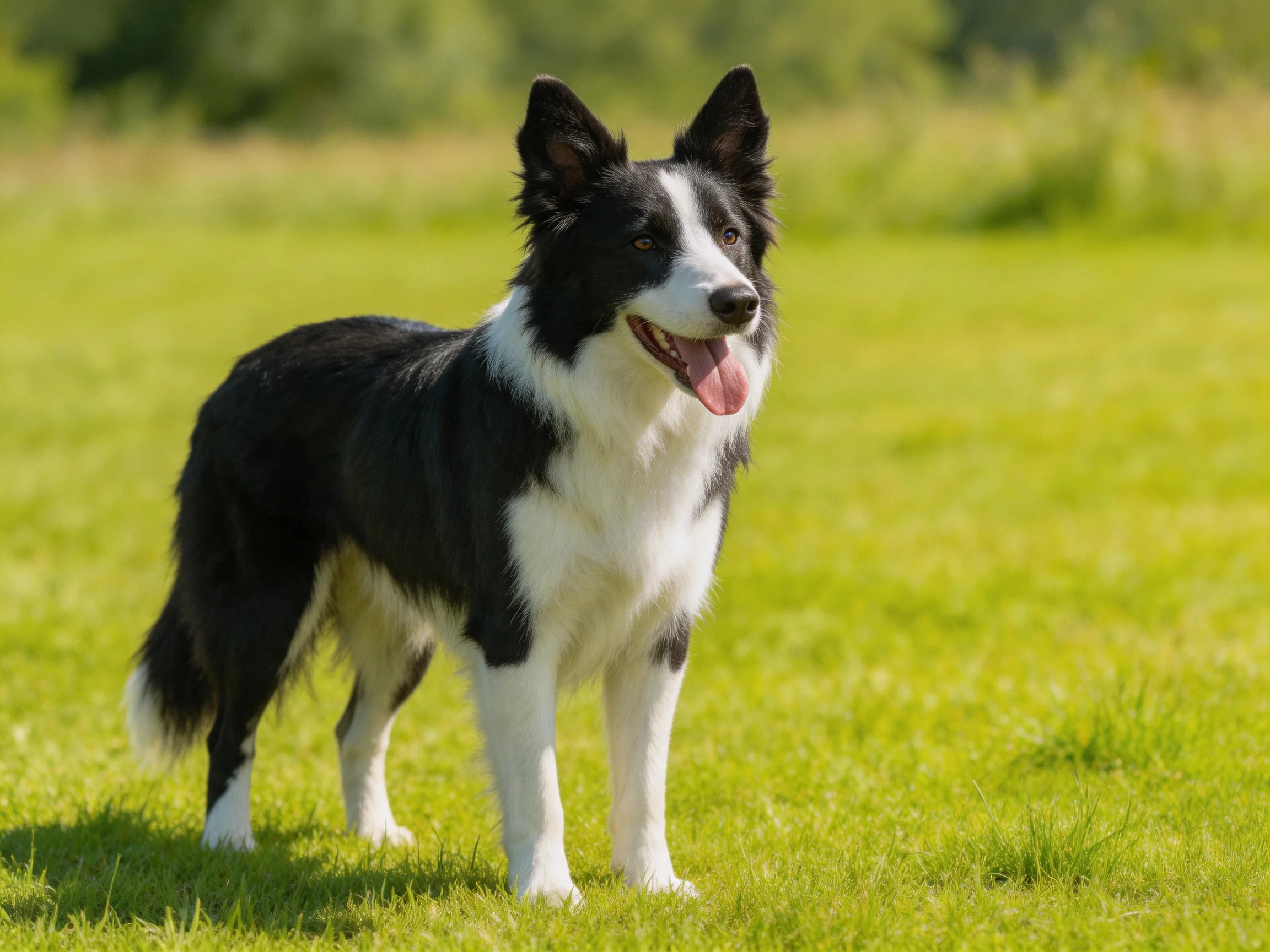 A black and white Border Collie stands alertly on a sunlit grassy field.