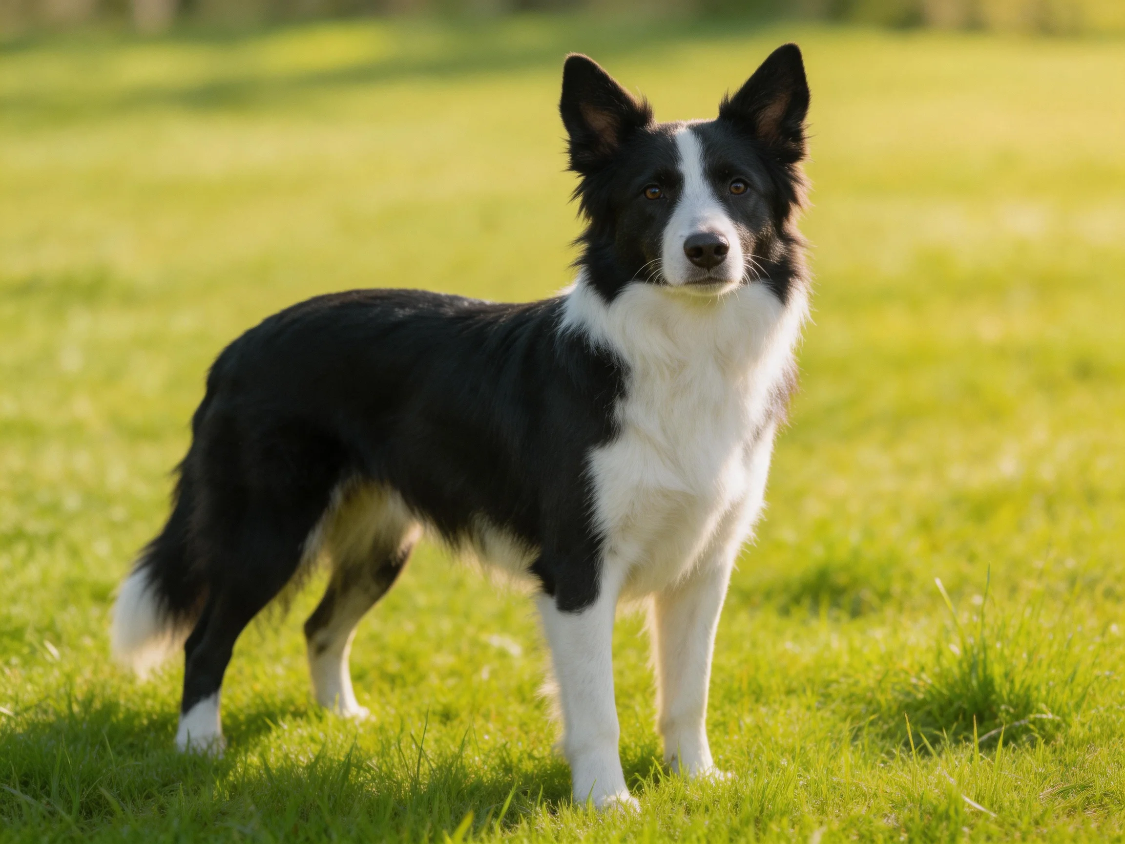 A black and white Border Collie stands alert in a sunlit grassy area.
