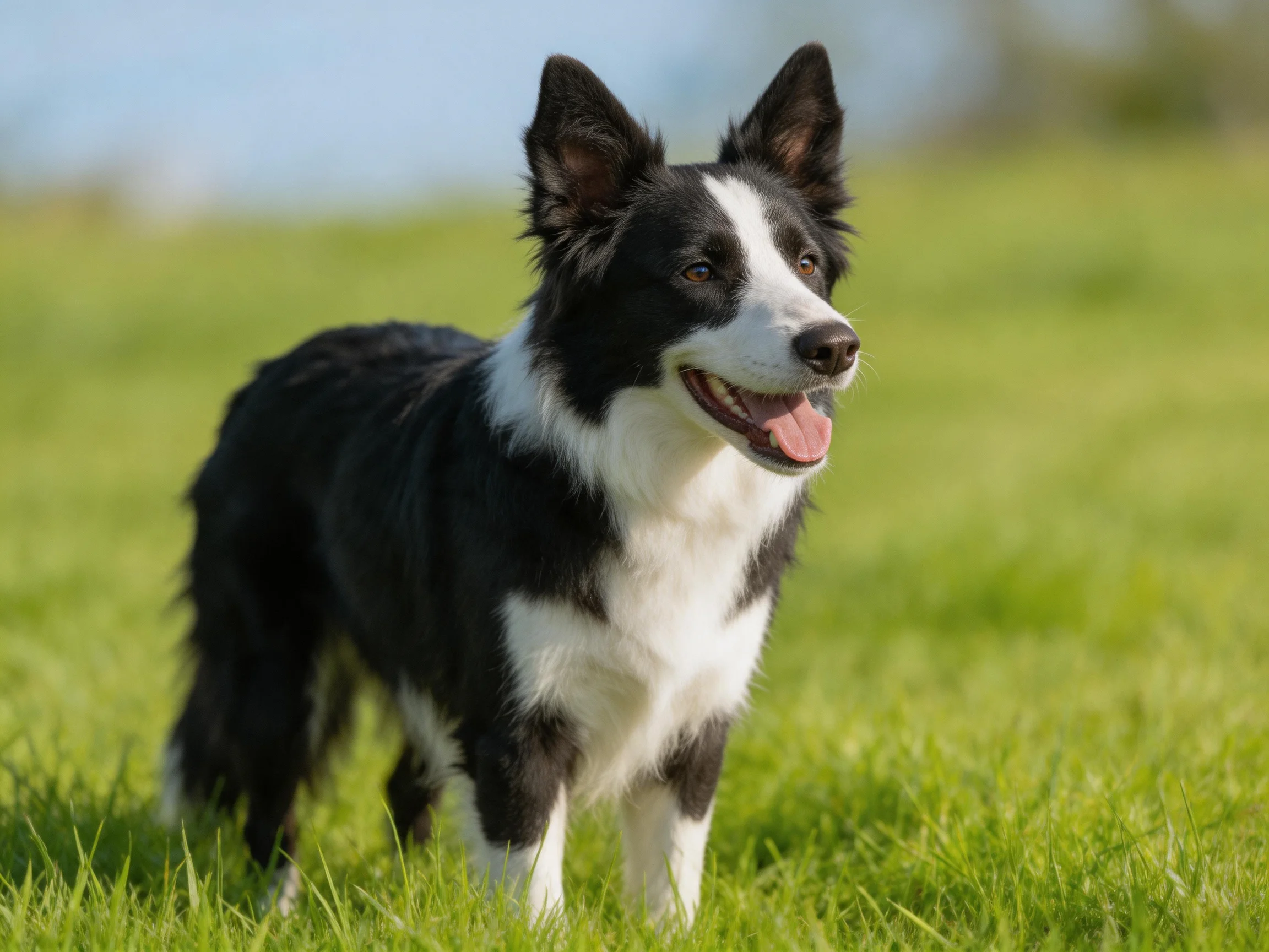 A black and white Border Collie stands contentedly in a sunlit green field.