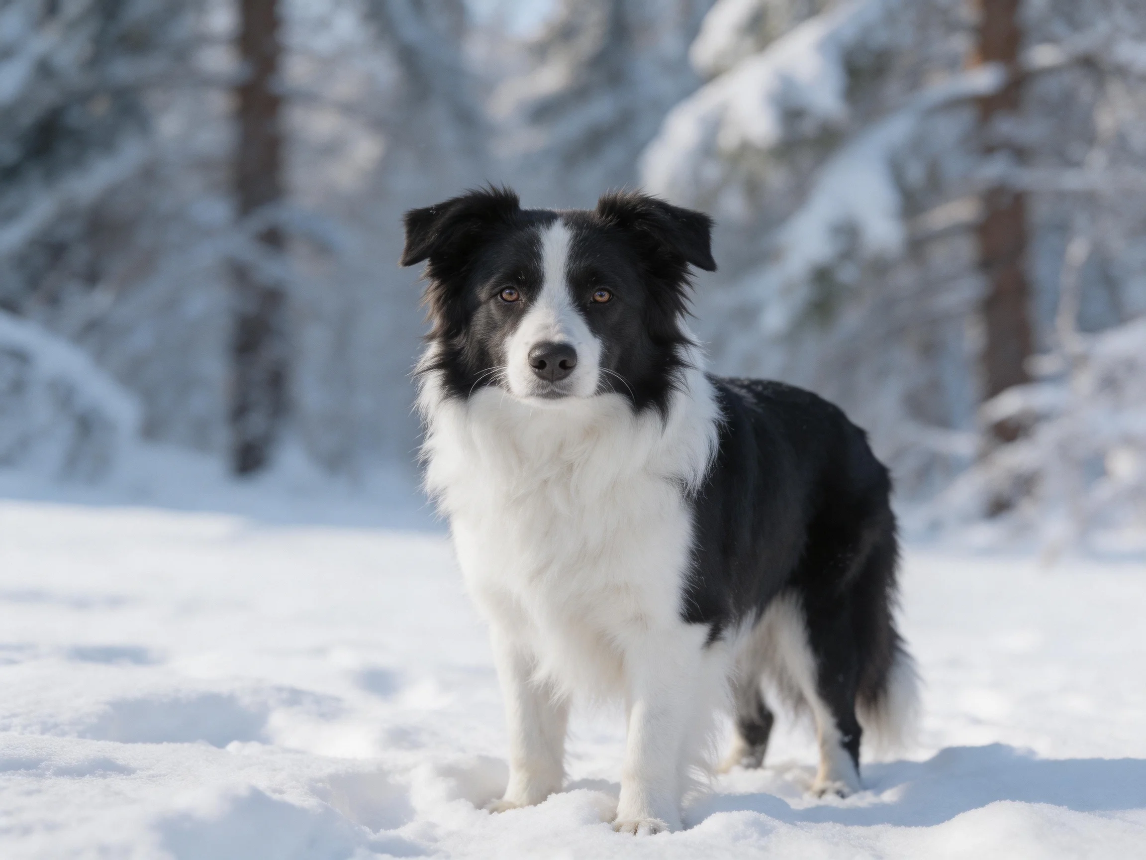 A black and white Border Collie stands alert in a snowy, wooded area.