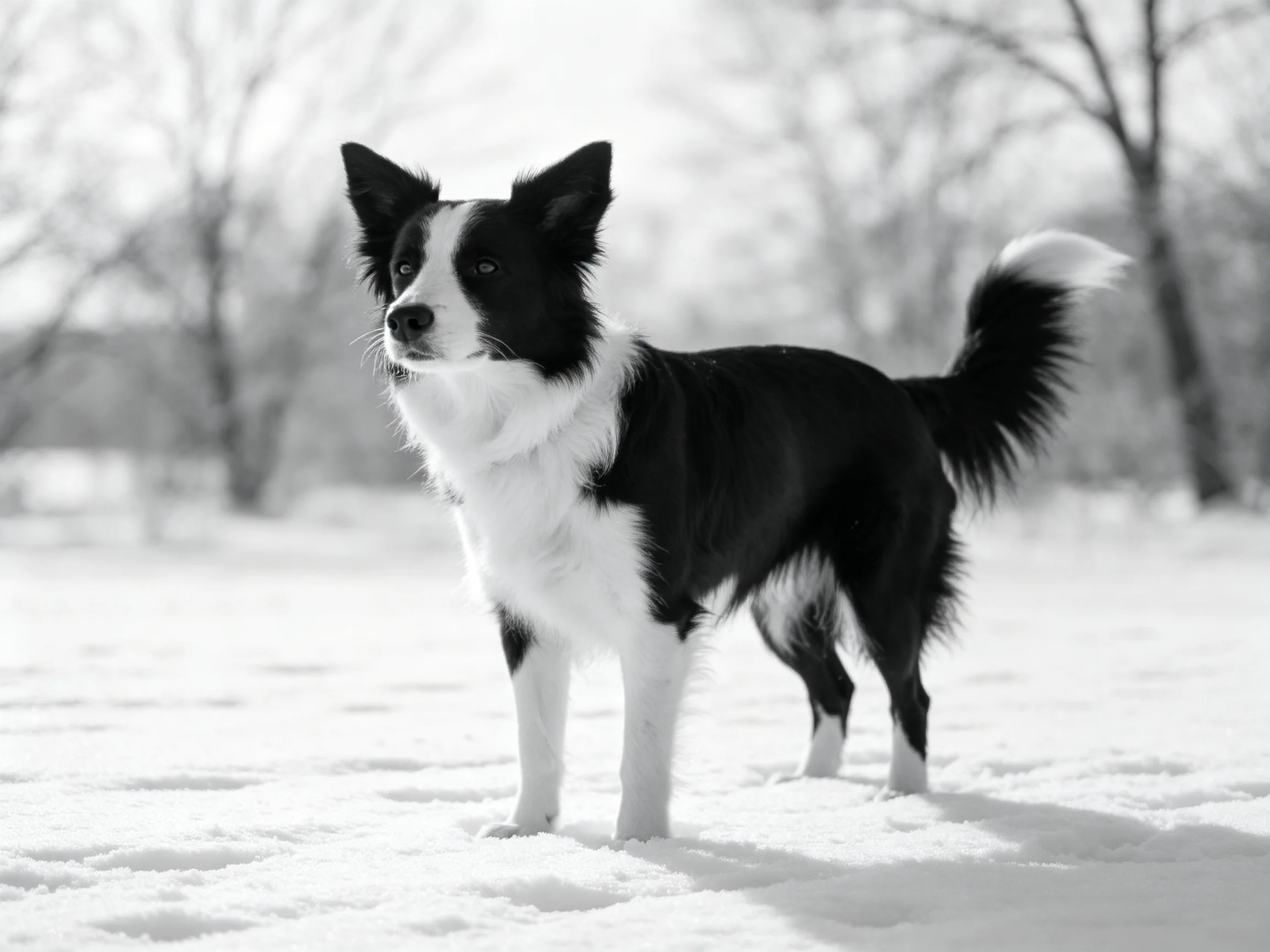 A black and white Border Collie stands alert in a snowy outdoor scene.