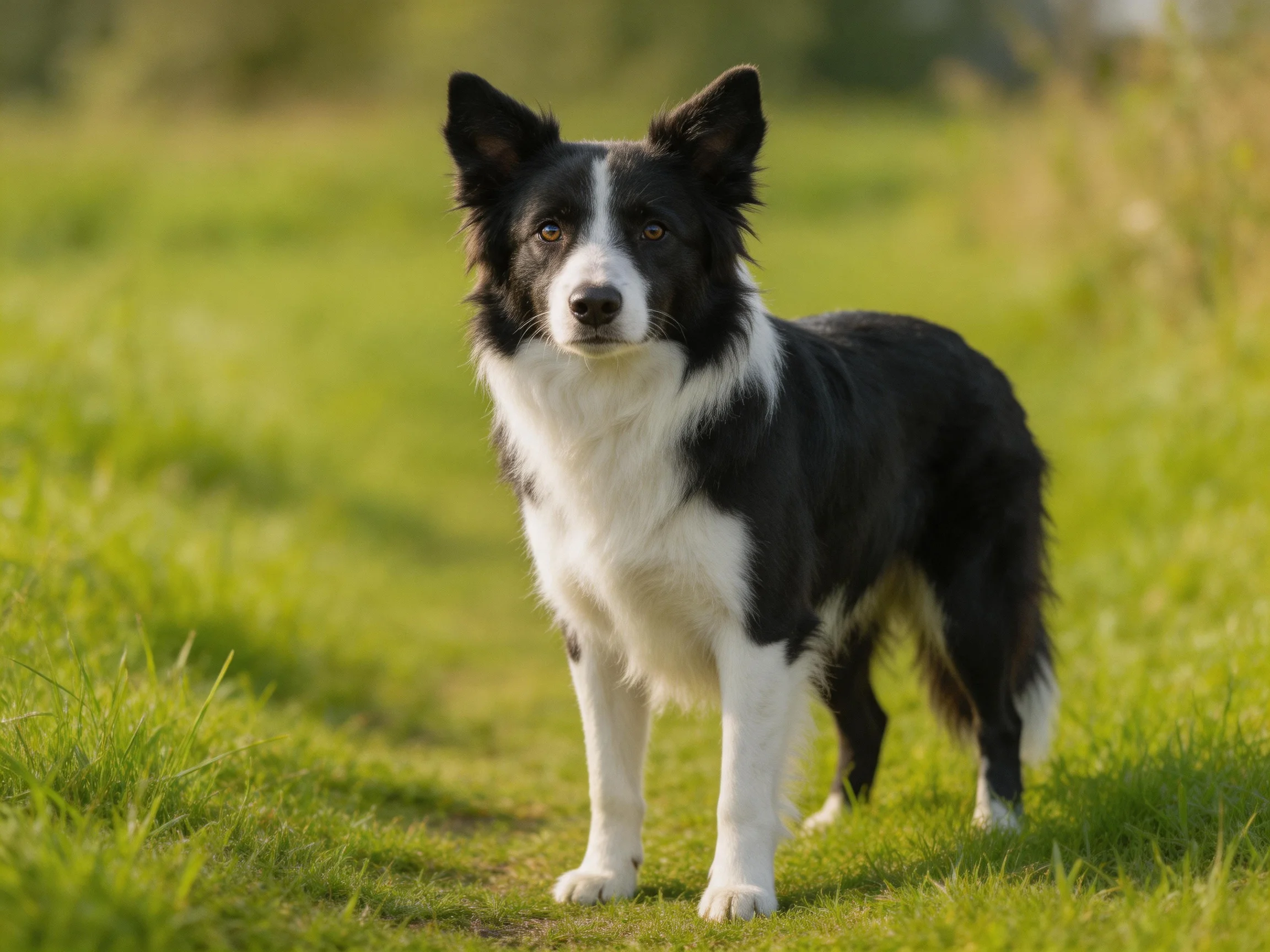 A black and white Border Collie stands in a sunlit green meadow