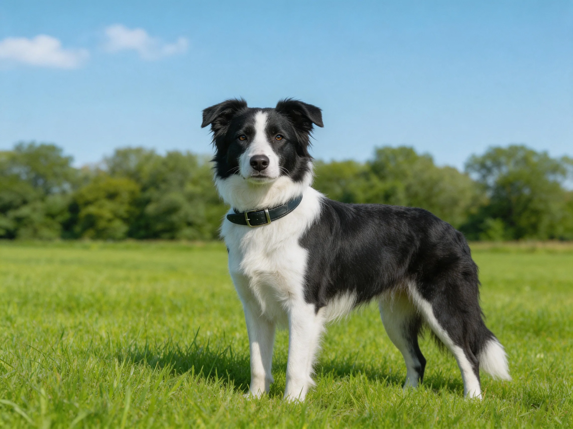 A black and white Border Collie stands in a sunlit green meadow.