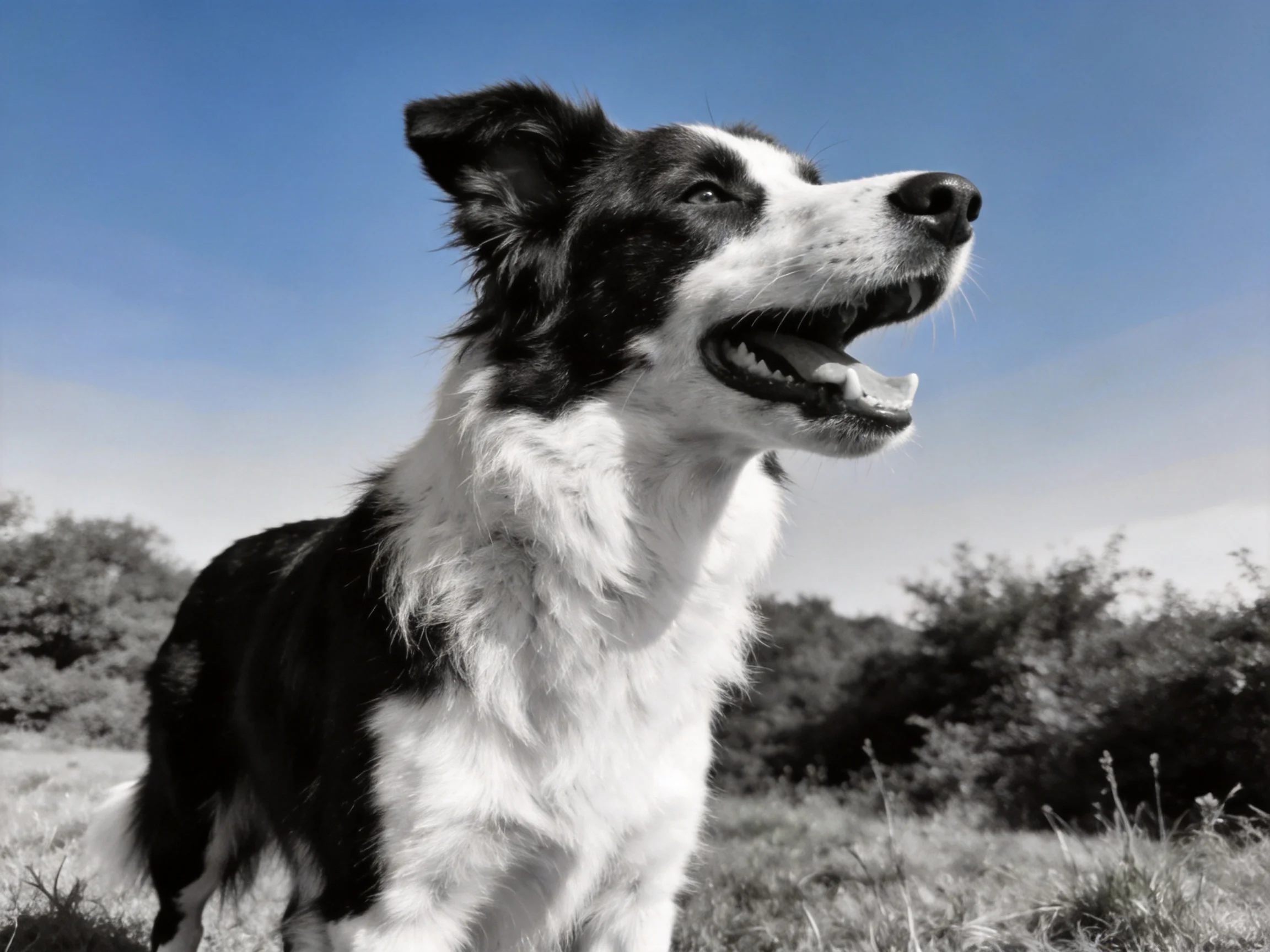 A black and white Border Collie stands in an open field under a clear blue sky