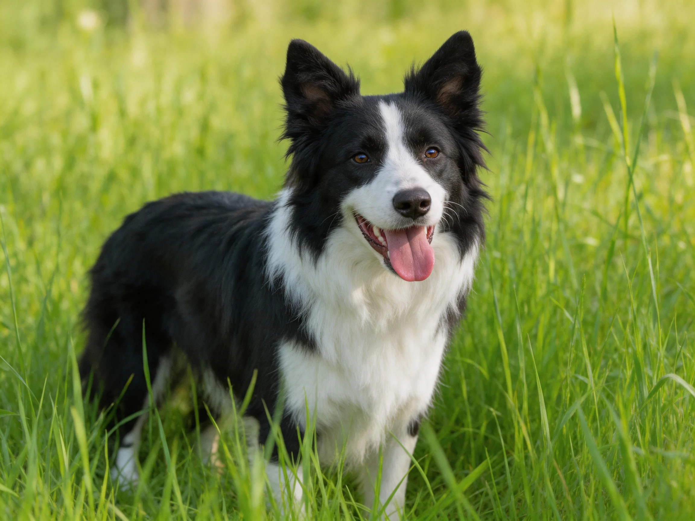 A black and white Border Collie stands contentedly in tall green grass.