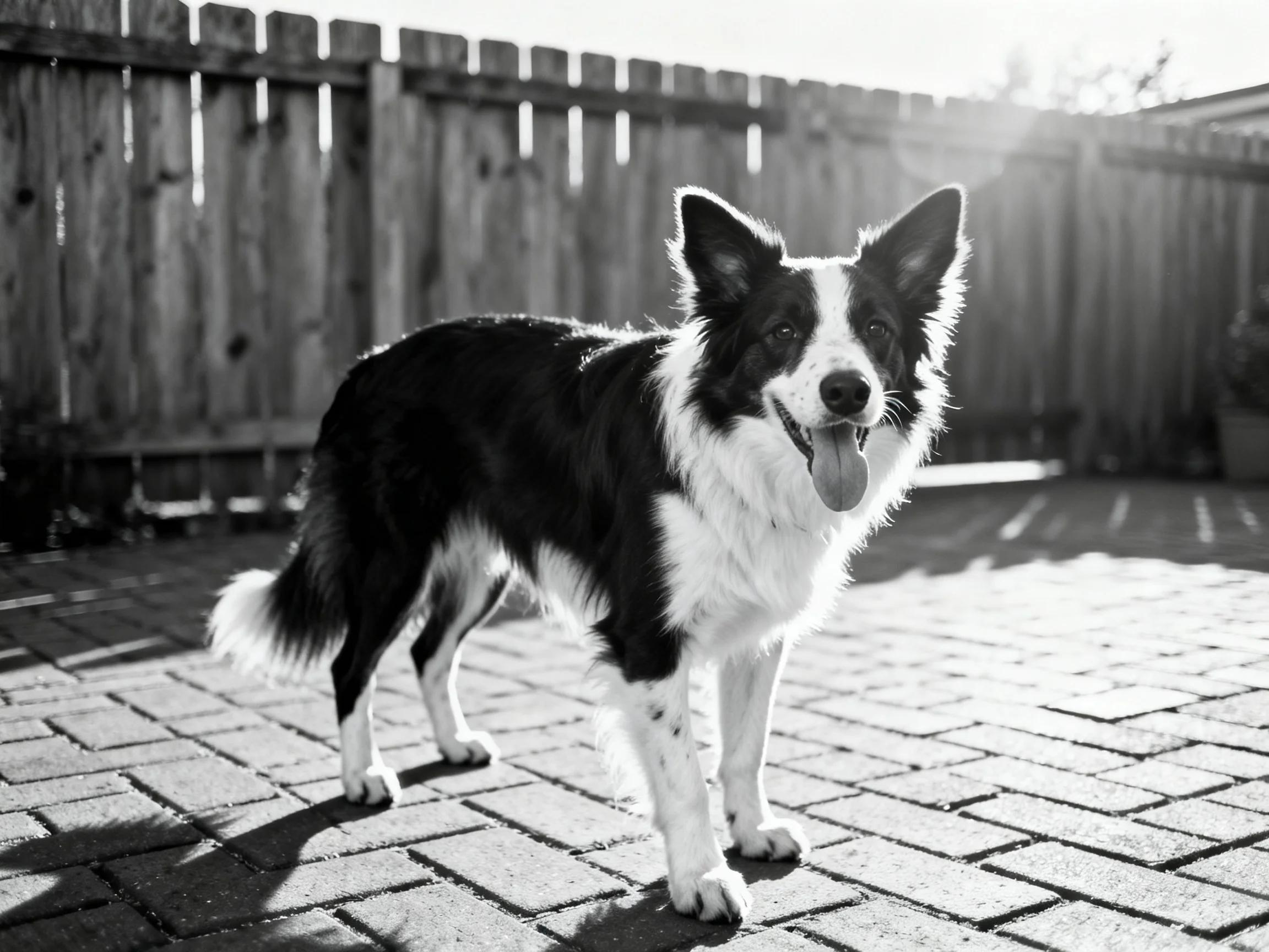 A black and white Border Collie stands on a brick patio near a wooden fence