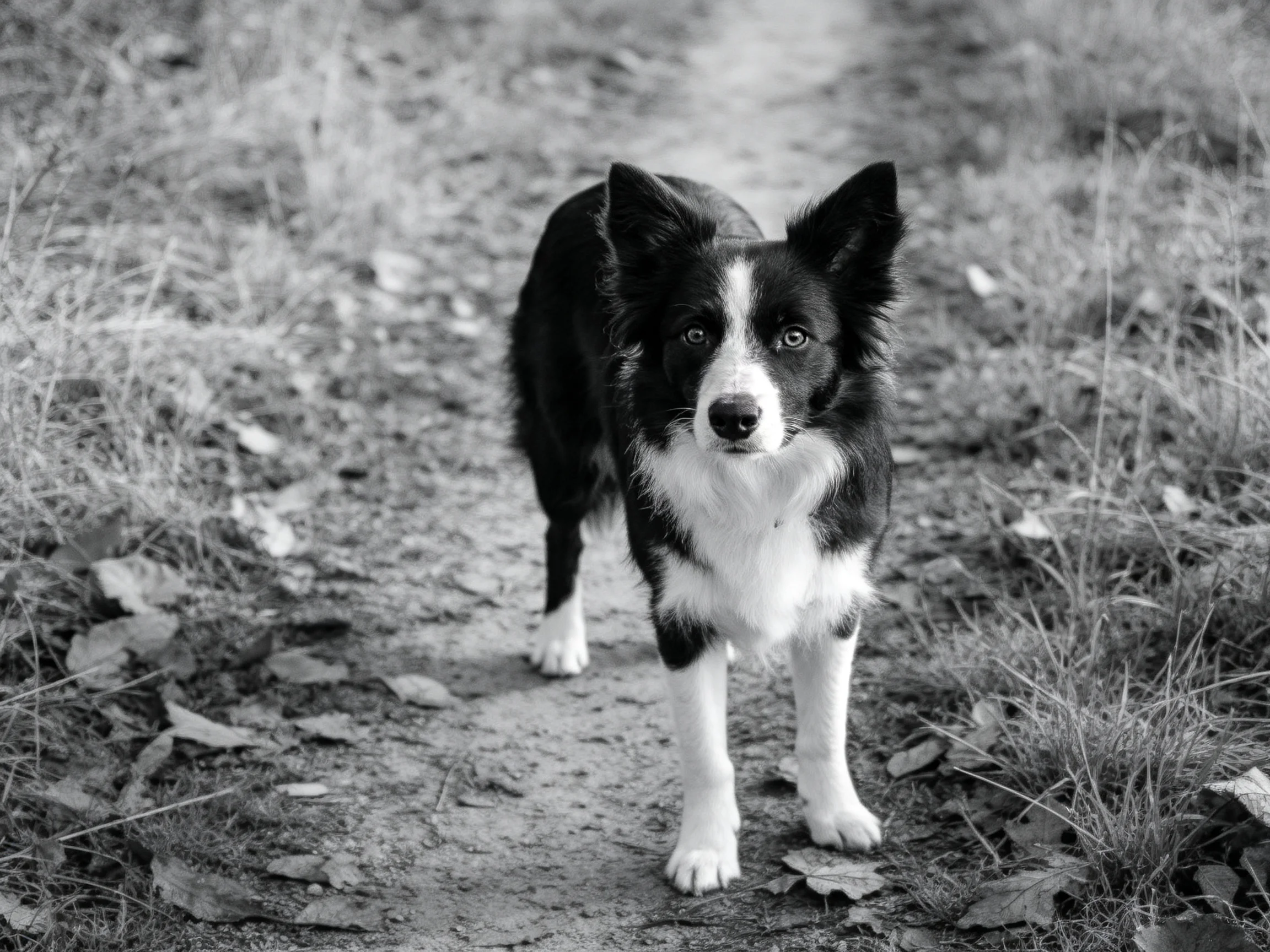 A black and white Border Collie stands alertly on a leaf - covered dirt path