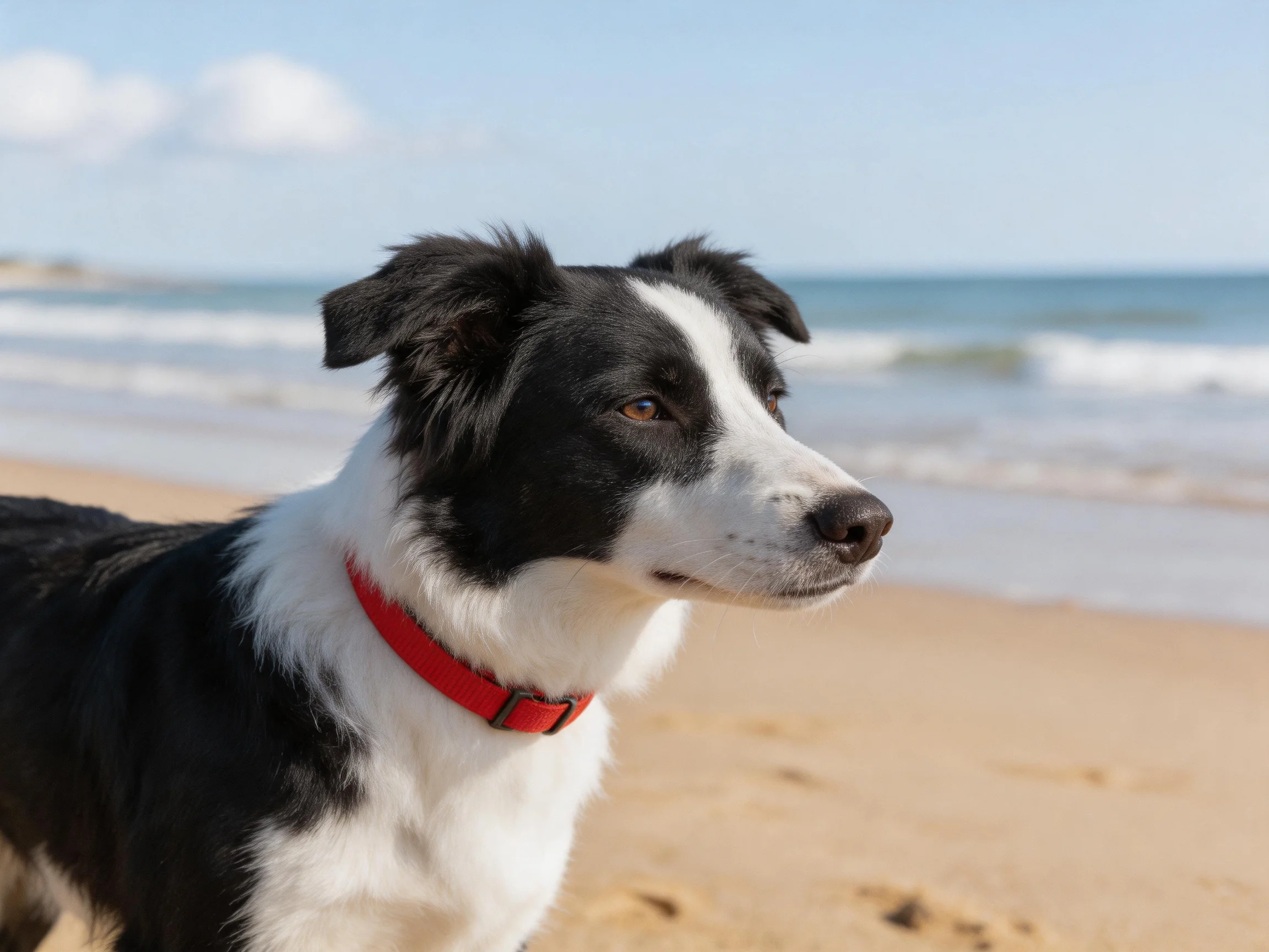 A black and white Border Collie gazes toward the ocean on a sandy beach.