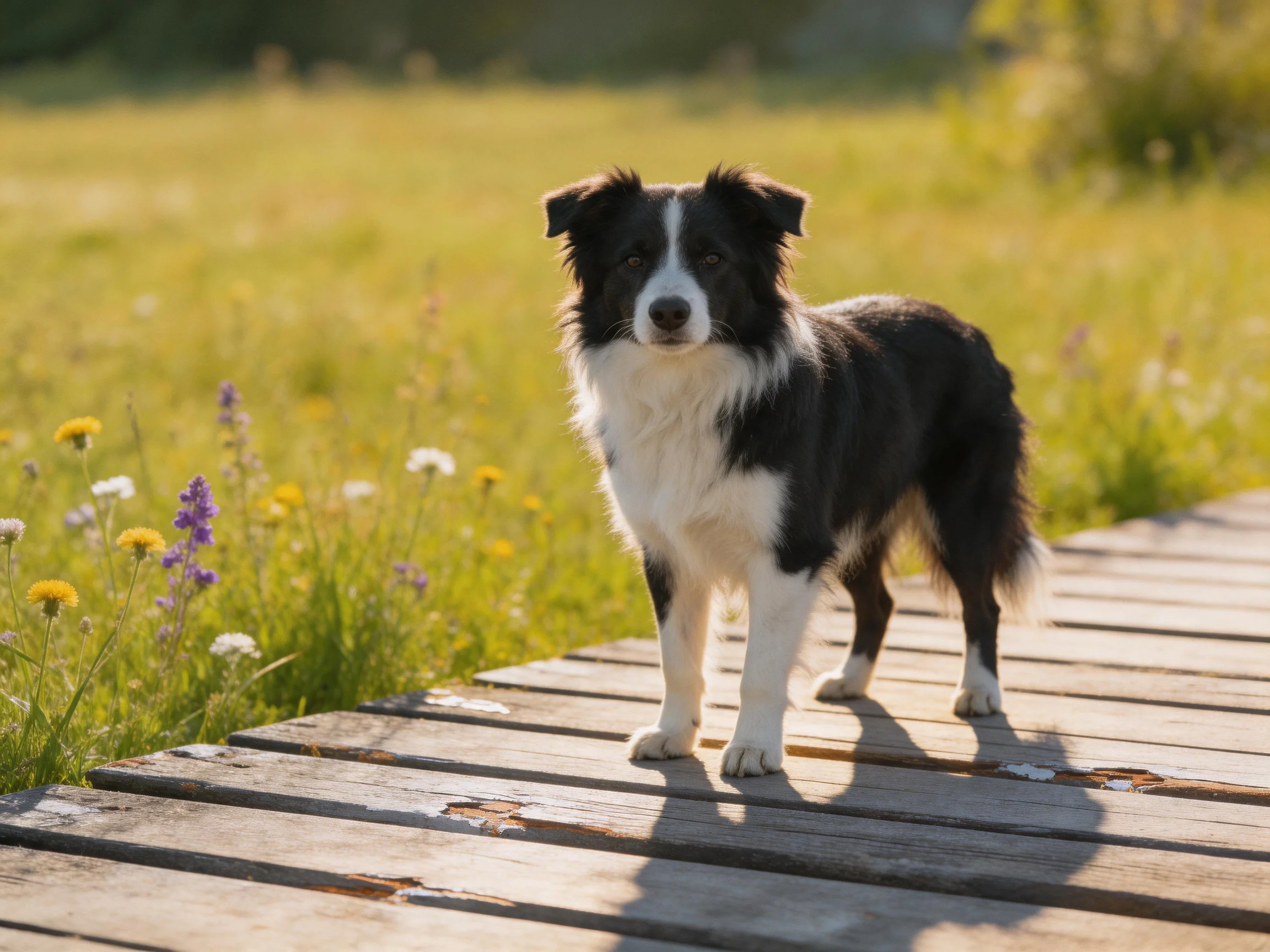 A black-and-white Border Collie stands on a wooden boardwalk in a sunlit meadow.
