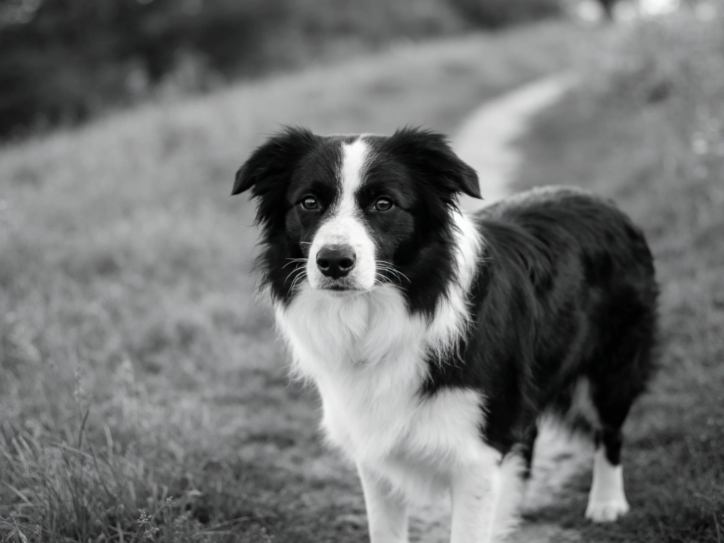 A black and white Border Collie stands alert on a grassy outdoor path.