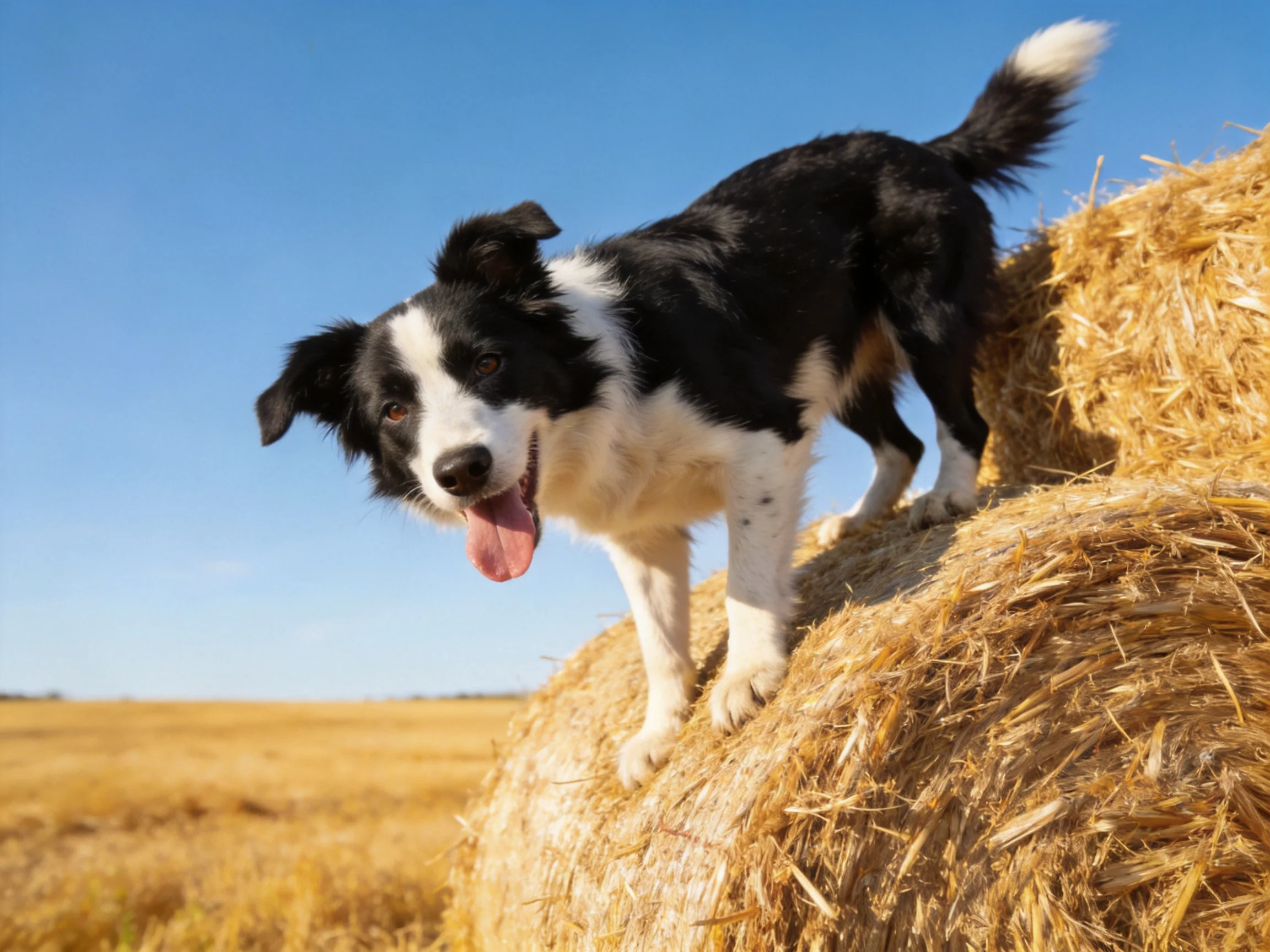 A black-and-white Border Collie balances on hay bales in a sunlit rural setting.