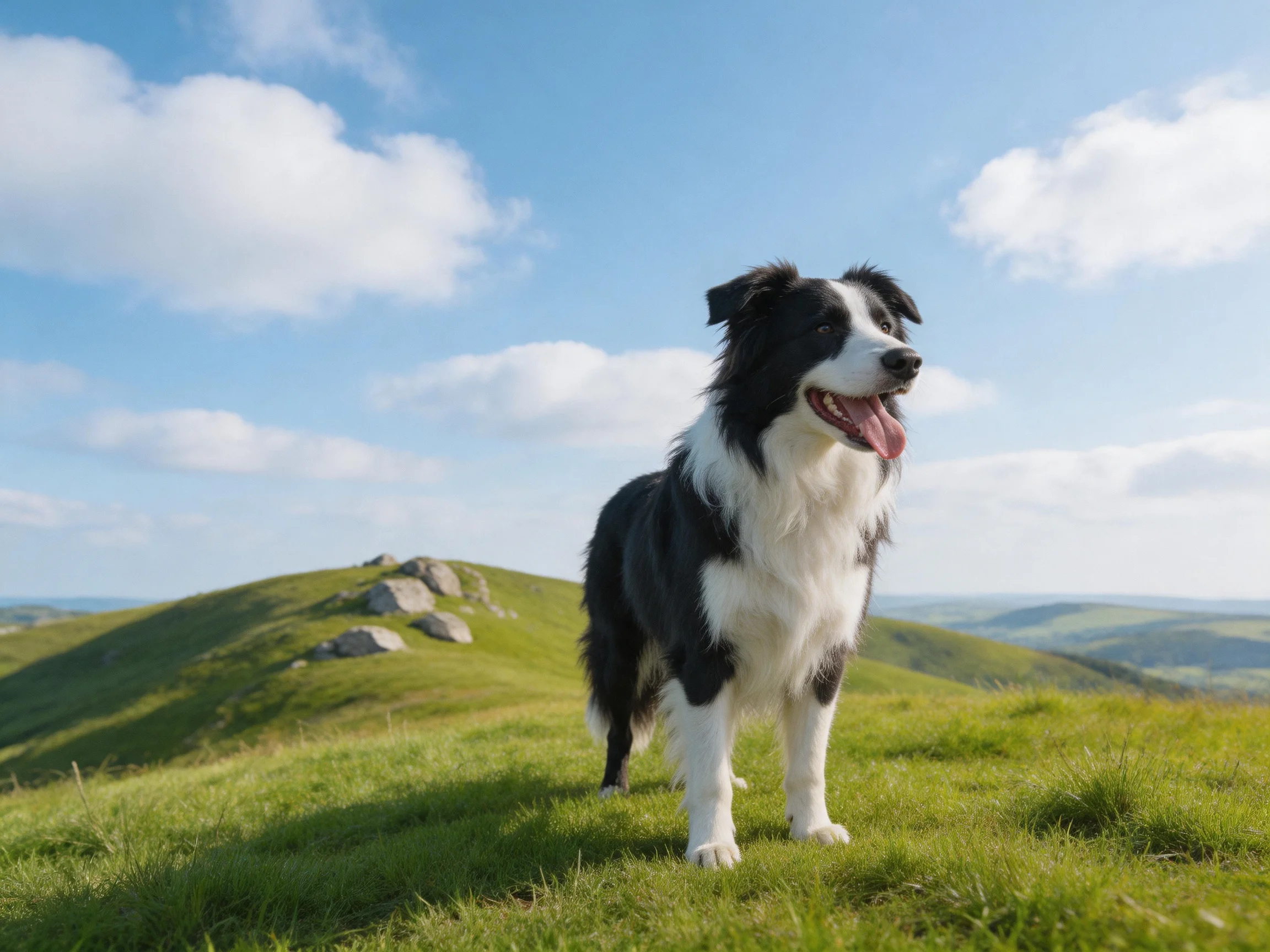 A black-and-white Border Collie stands on a grassy hillside beneath a clear blue sky.