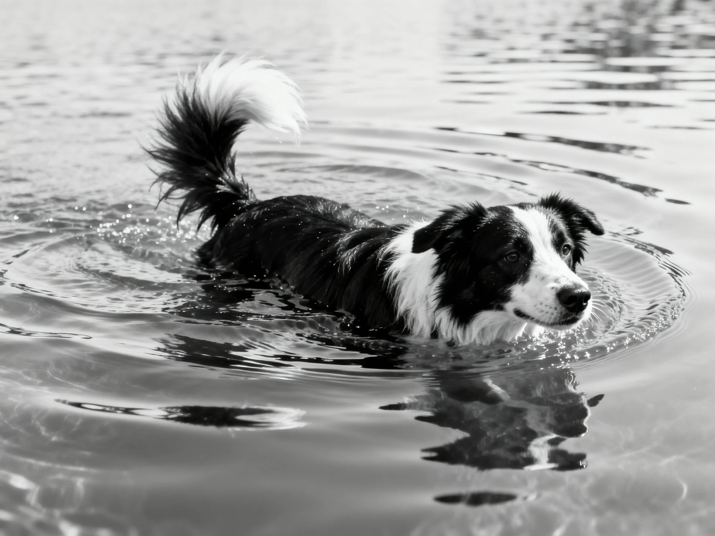 A black and white dog swims through calm water.