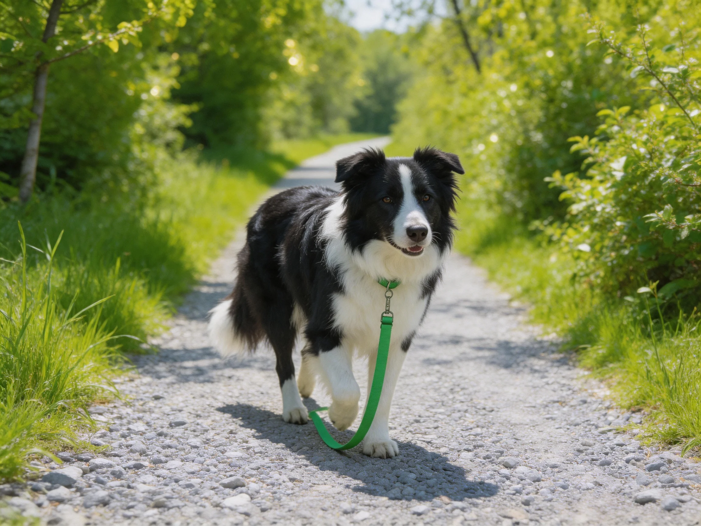 A black and white Border Collie walks on a gravel path amid lush greenery.