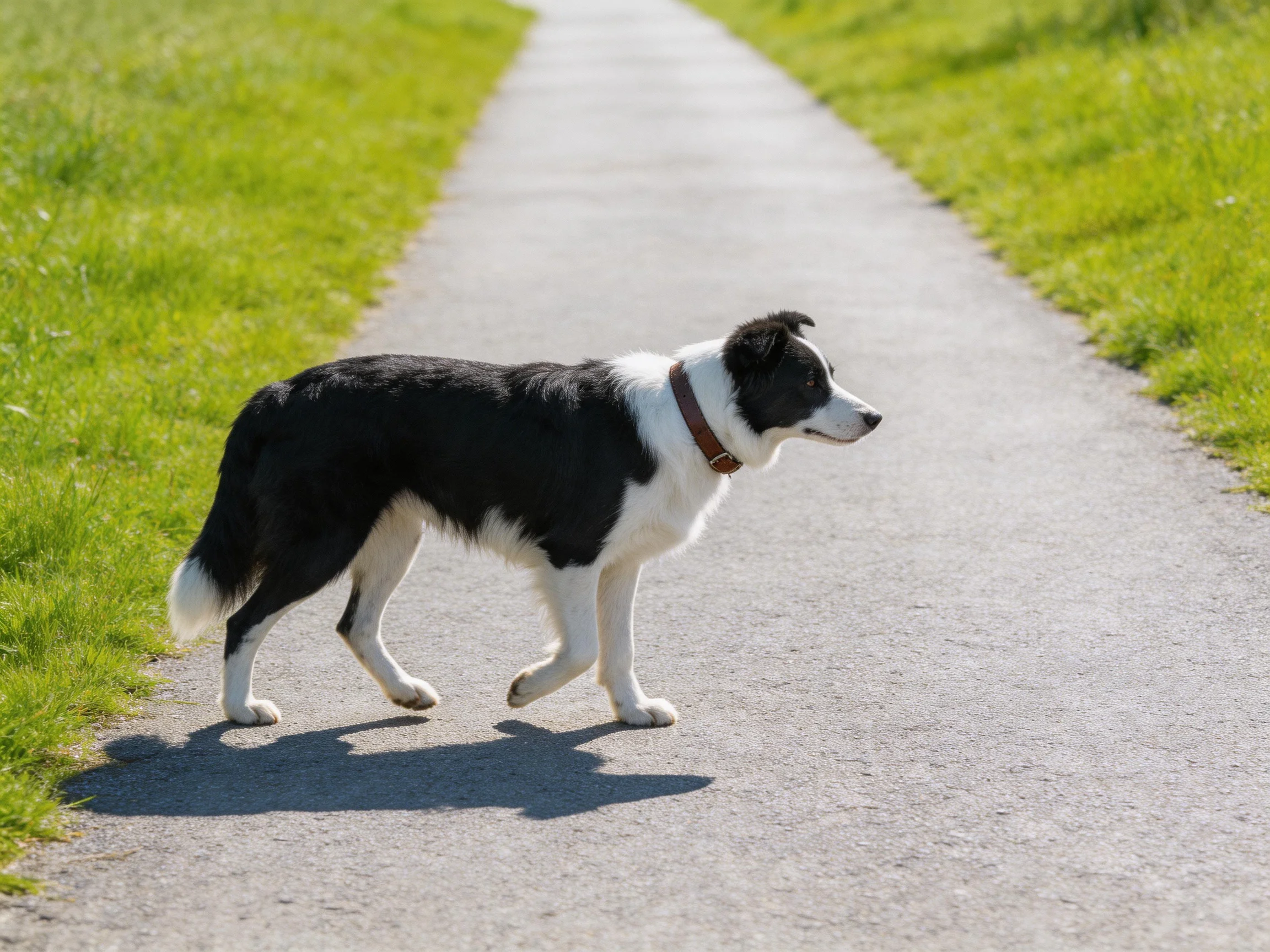 A black and white Border Collie crosses a paved path bordered by green grass.