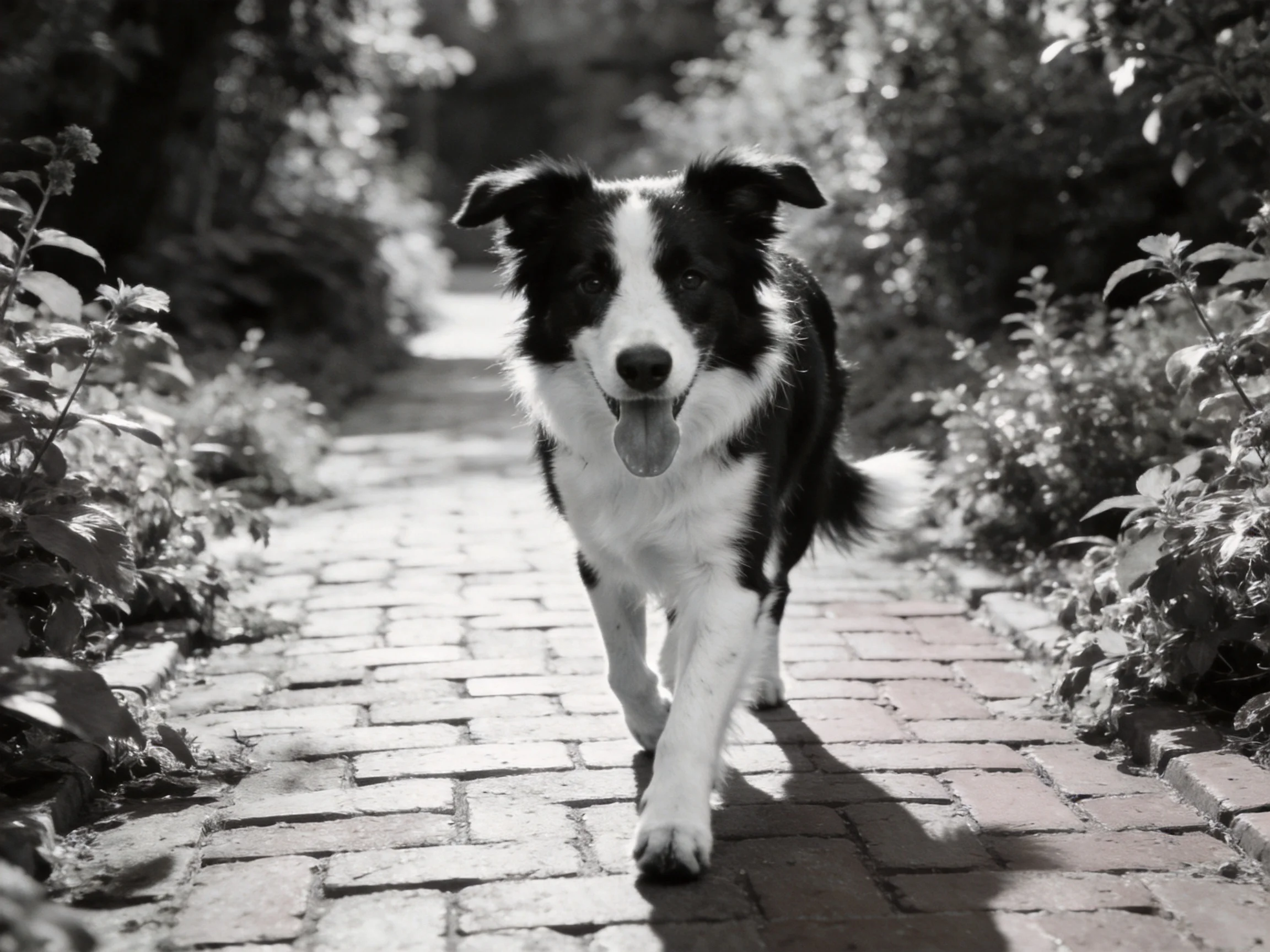 A black-and-white Border Collie walks on a cobblestone path in a sunlit, vegetated area