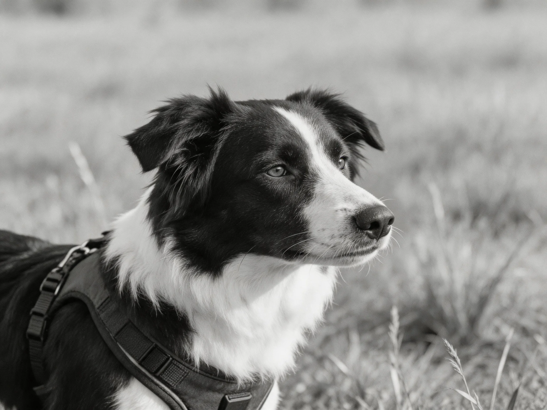 A black and white Border Collie stands alert in a grassy field