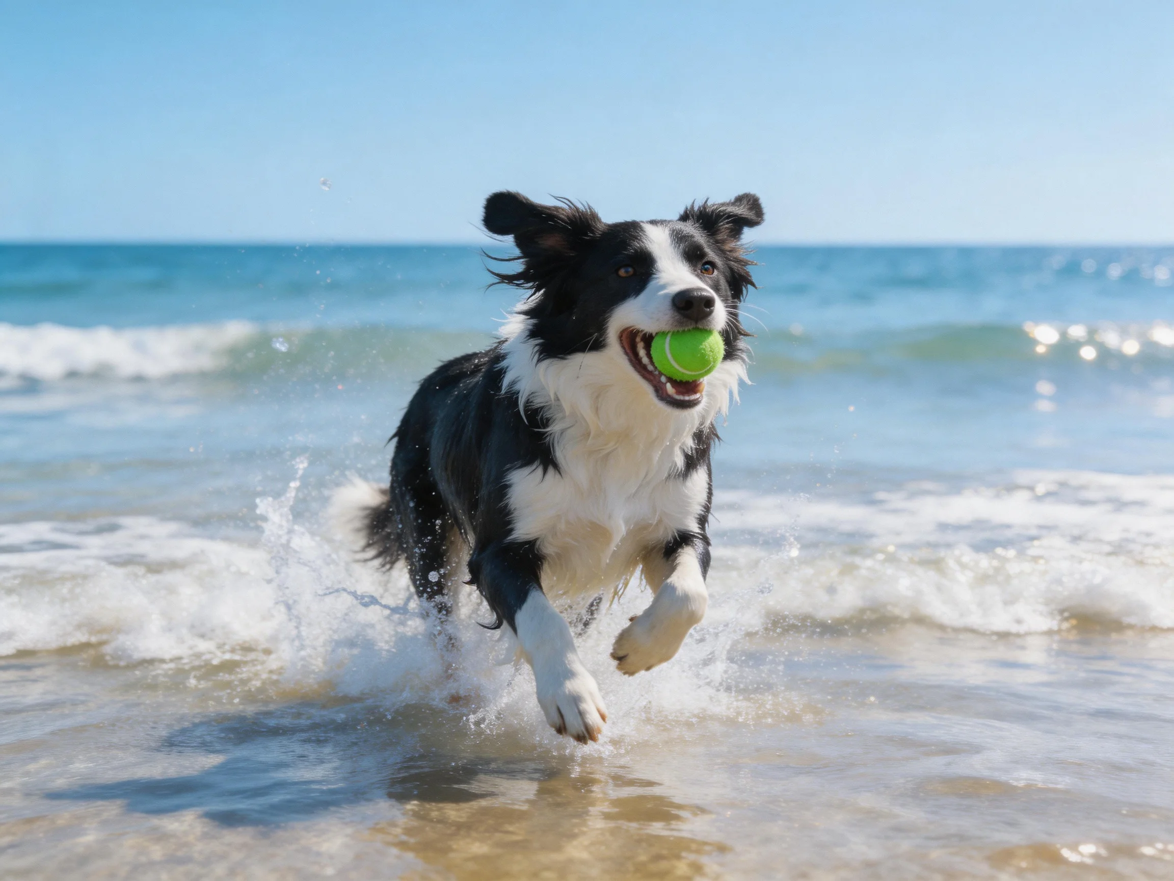 A black and white Border Collie runs through ocean water with a green tennis ball.