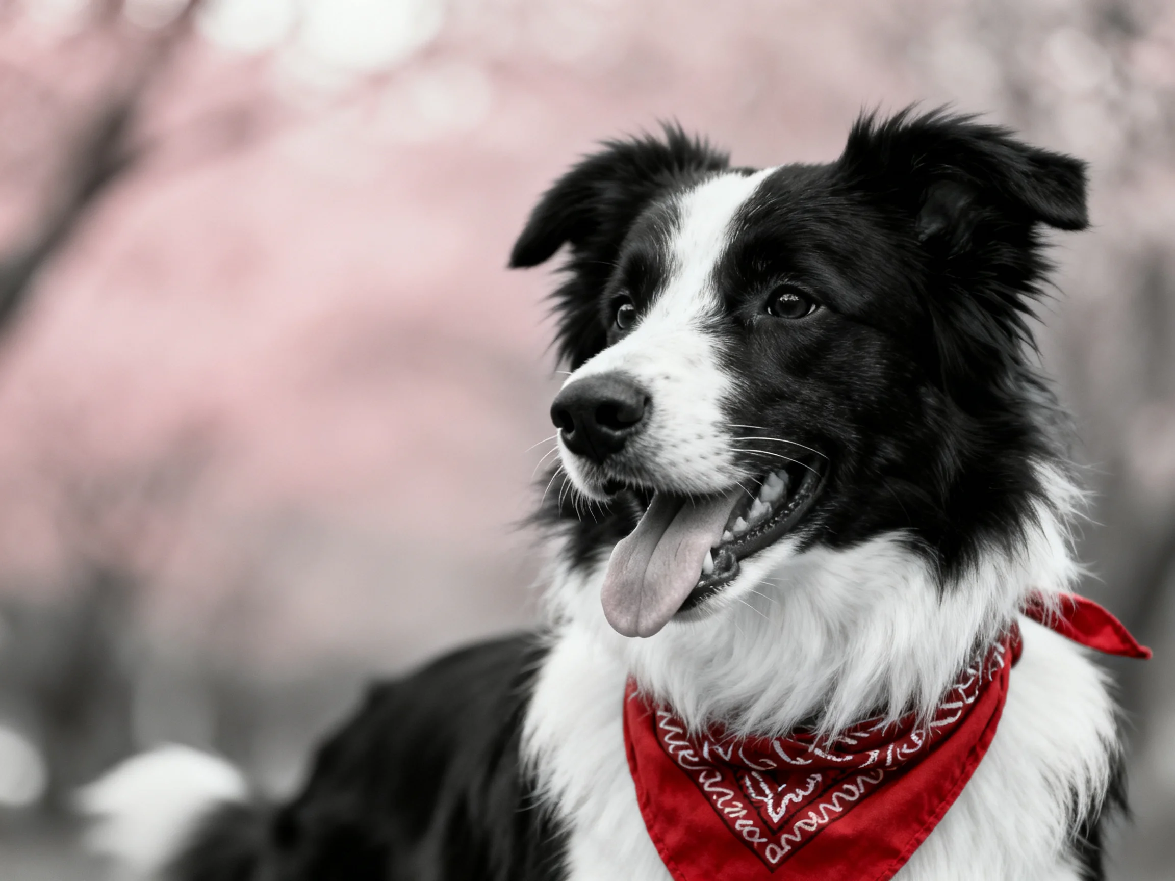 A black and white Border Collie wears a red bandana outdoors.