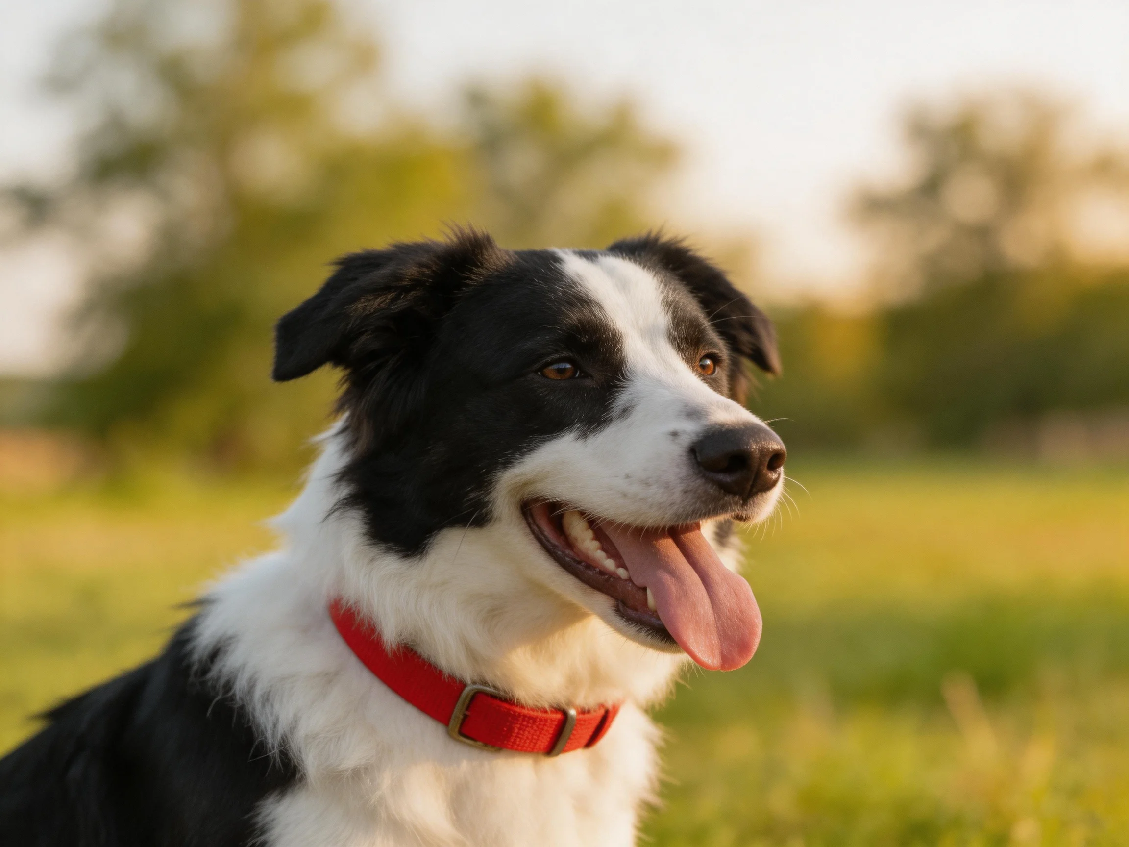 A black and white dog with a red collar enjoys a sunny outdoor setting