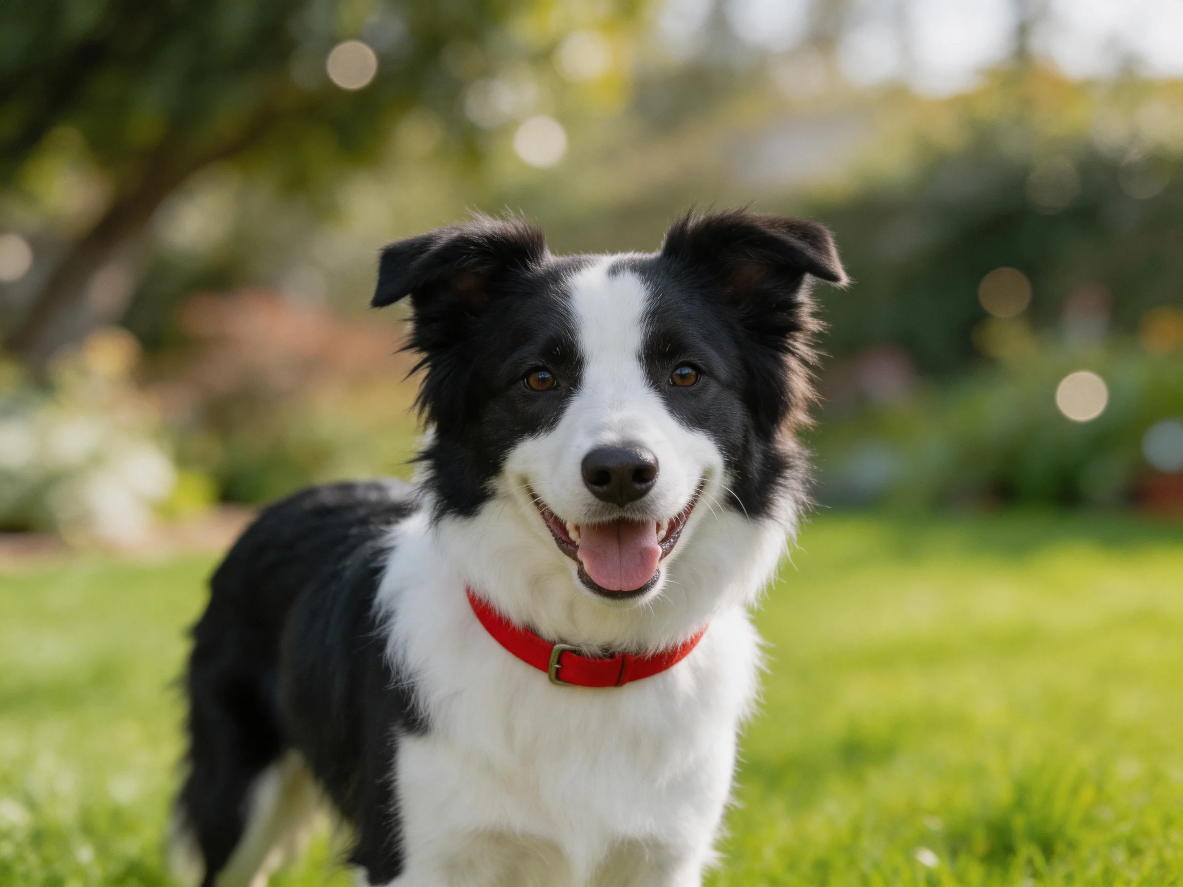 A black-and-white Border Collie with a red collar enjoys a sunny day in the garden.