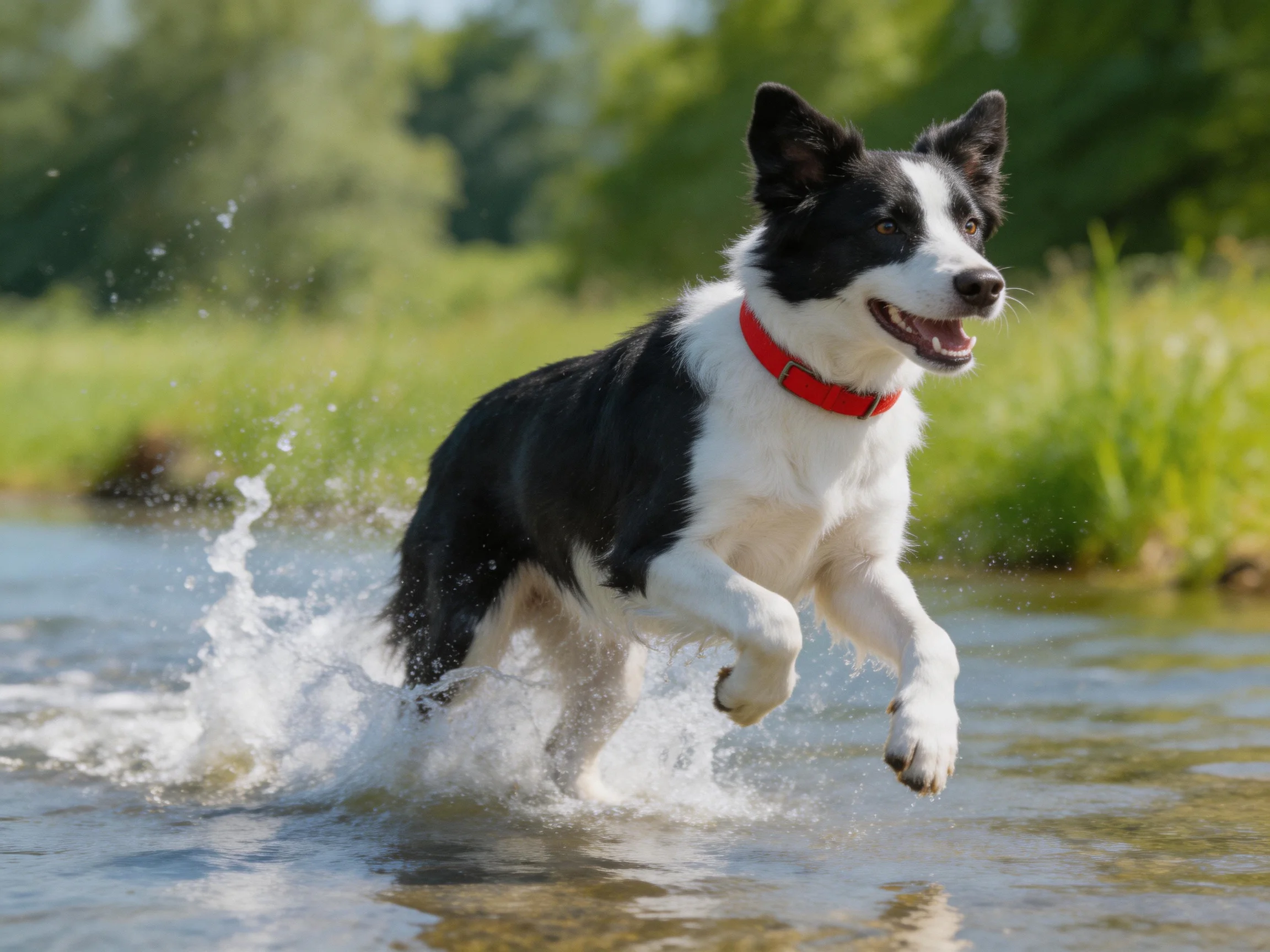 A black and white dog with a red collar runs joyfully through shallow water.