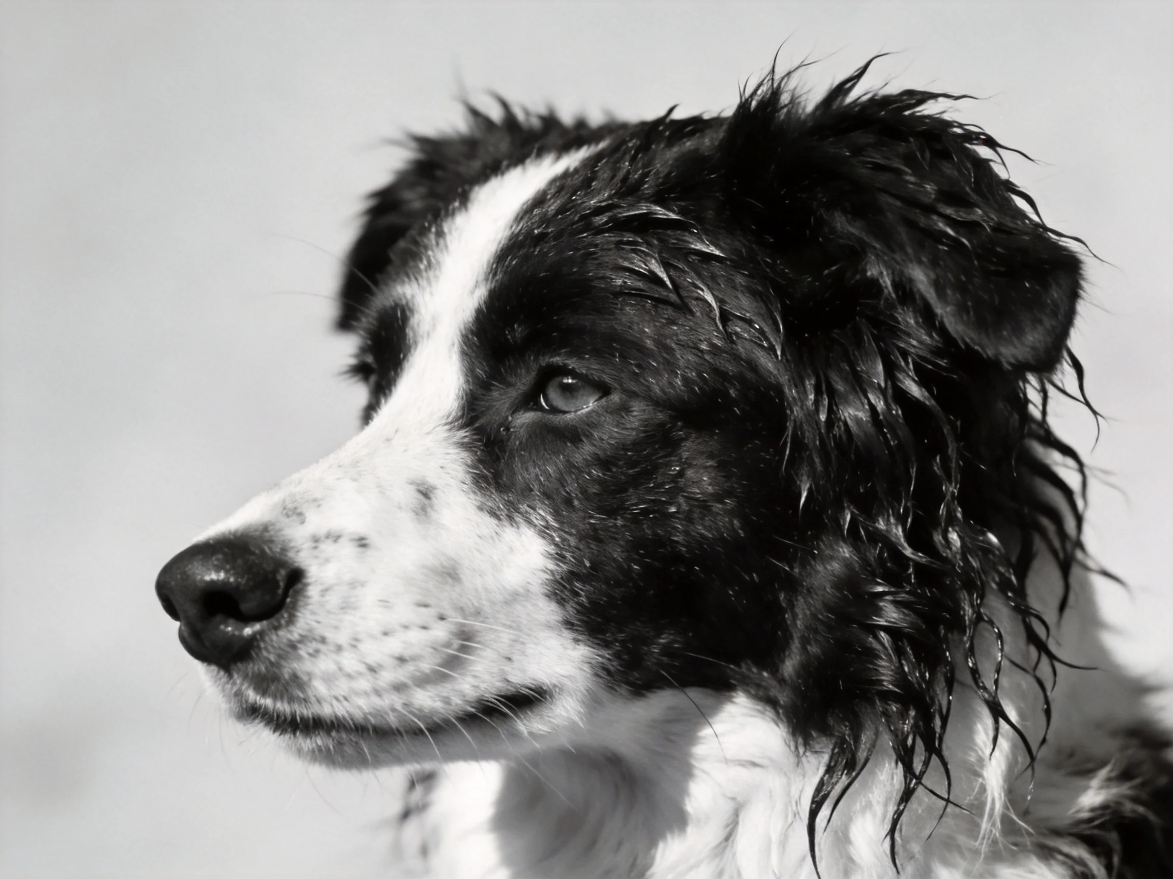 A black and white Border Collie with damp, tousled fur