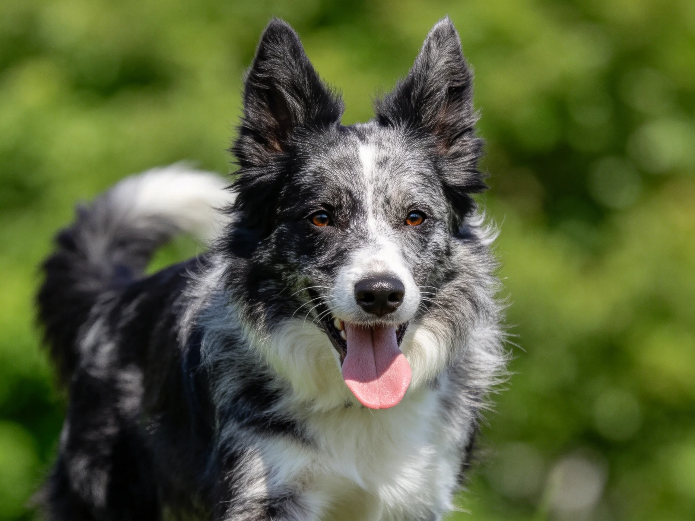 A black and white Border Collie enjoys a sunny day in a green outdoor space.