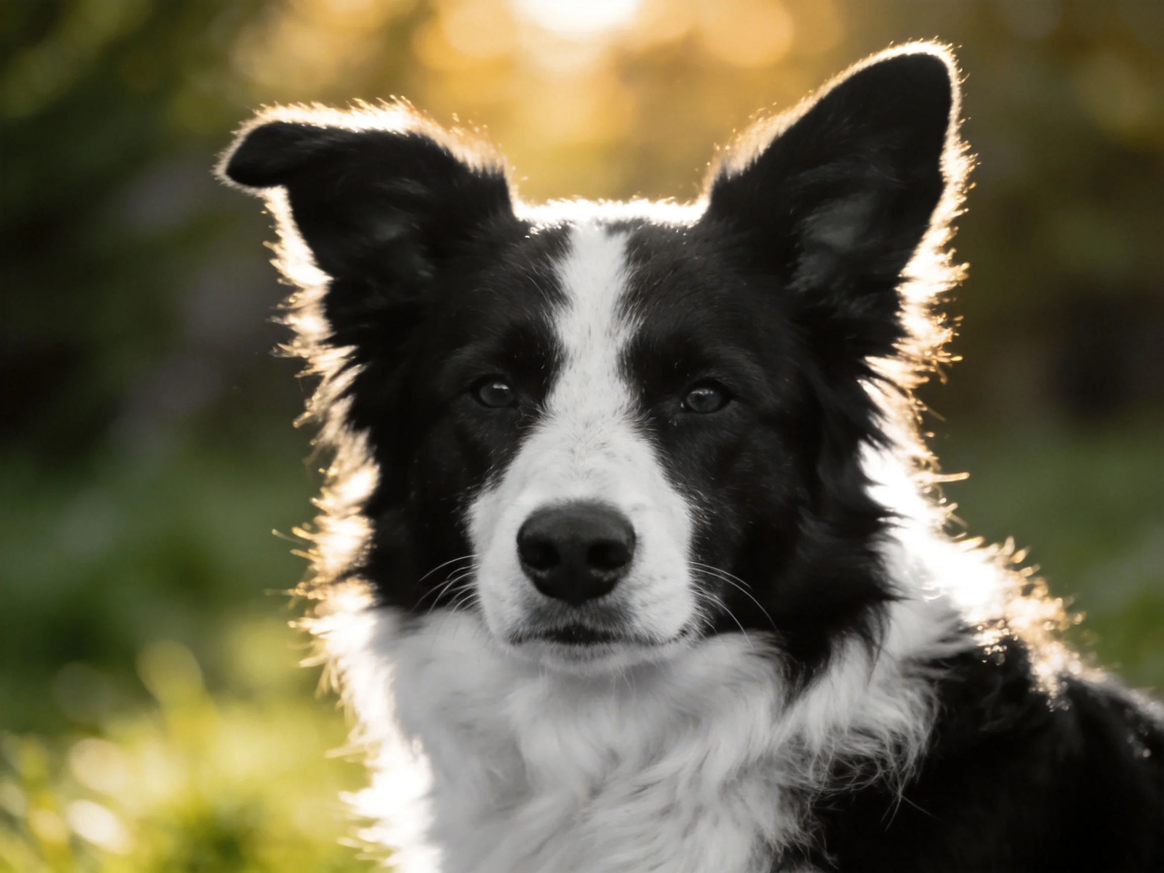 A black and white Border Collie with upright ears in natural light