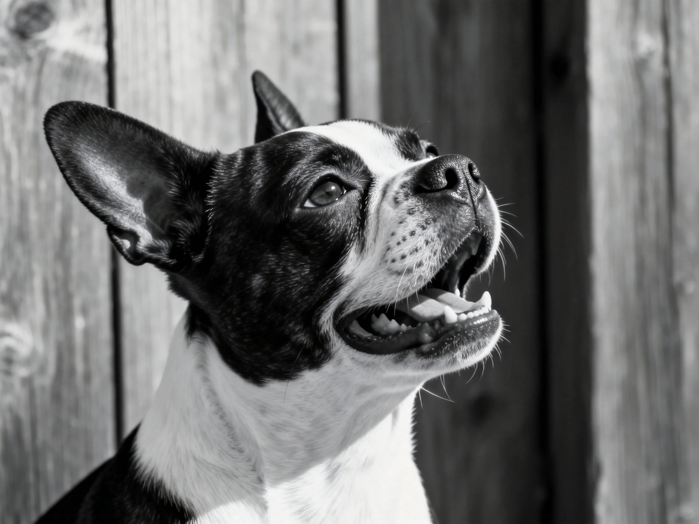 A black-and-white Boston Terrier gazes upward beside wooden planks