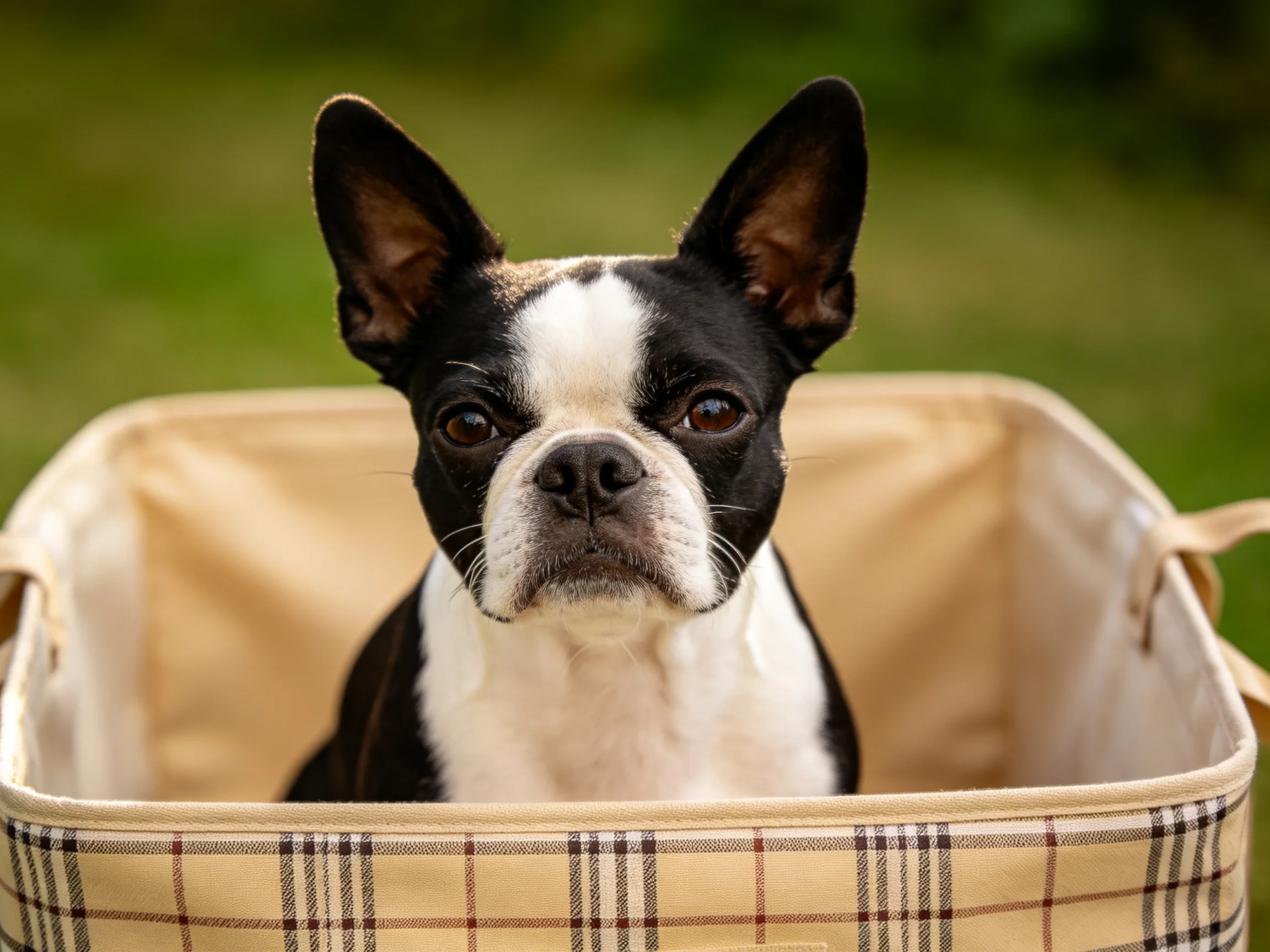A black-and-white Boston Terrier in a beige plaid basket