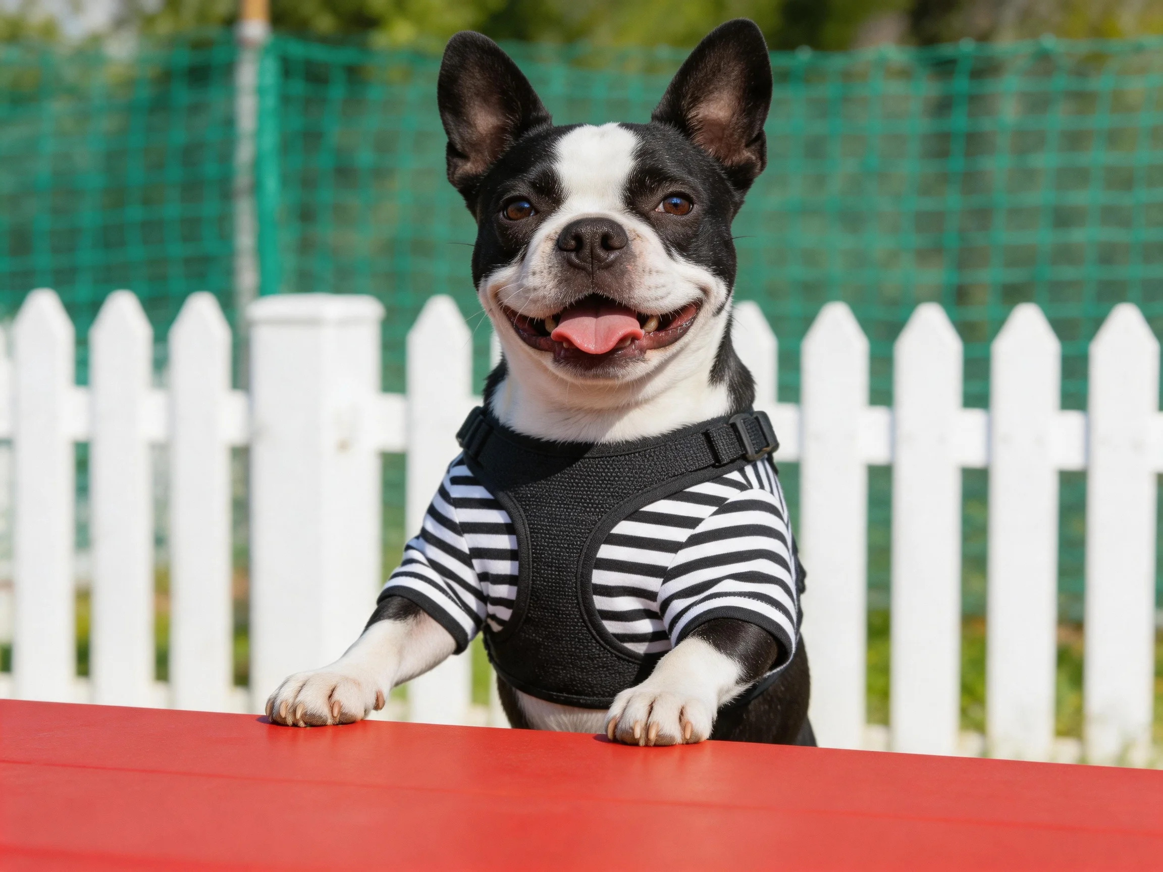 A black and white Boston Terrier in a striped shirt stands by a red table near a white picket fence