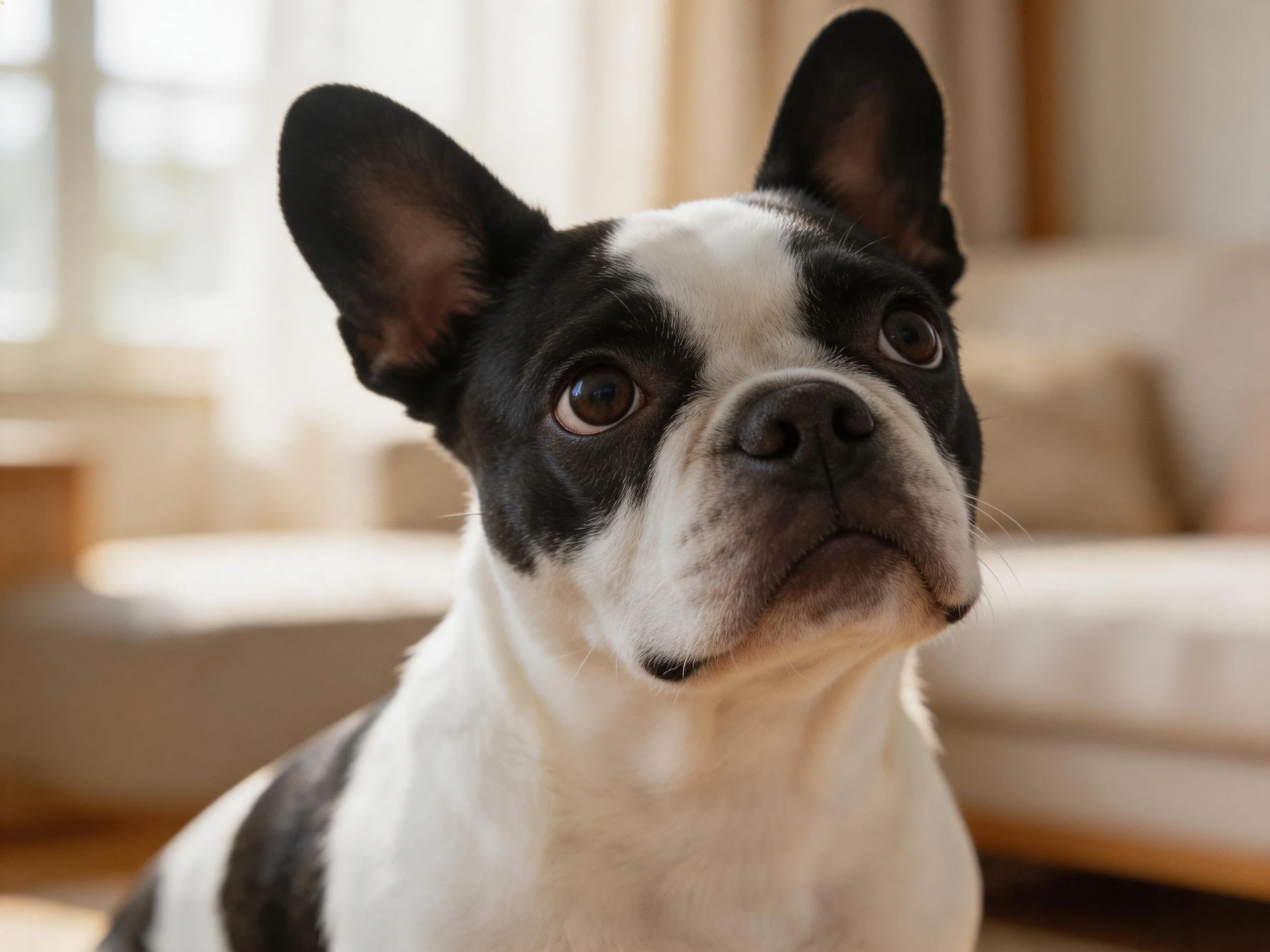 A black and white Boston Terrier in a sunlit living room